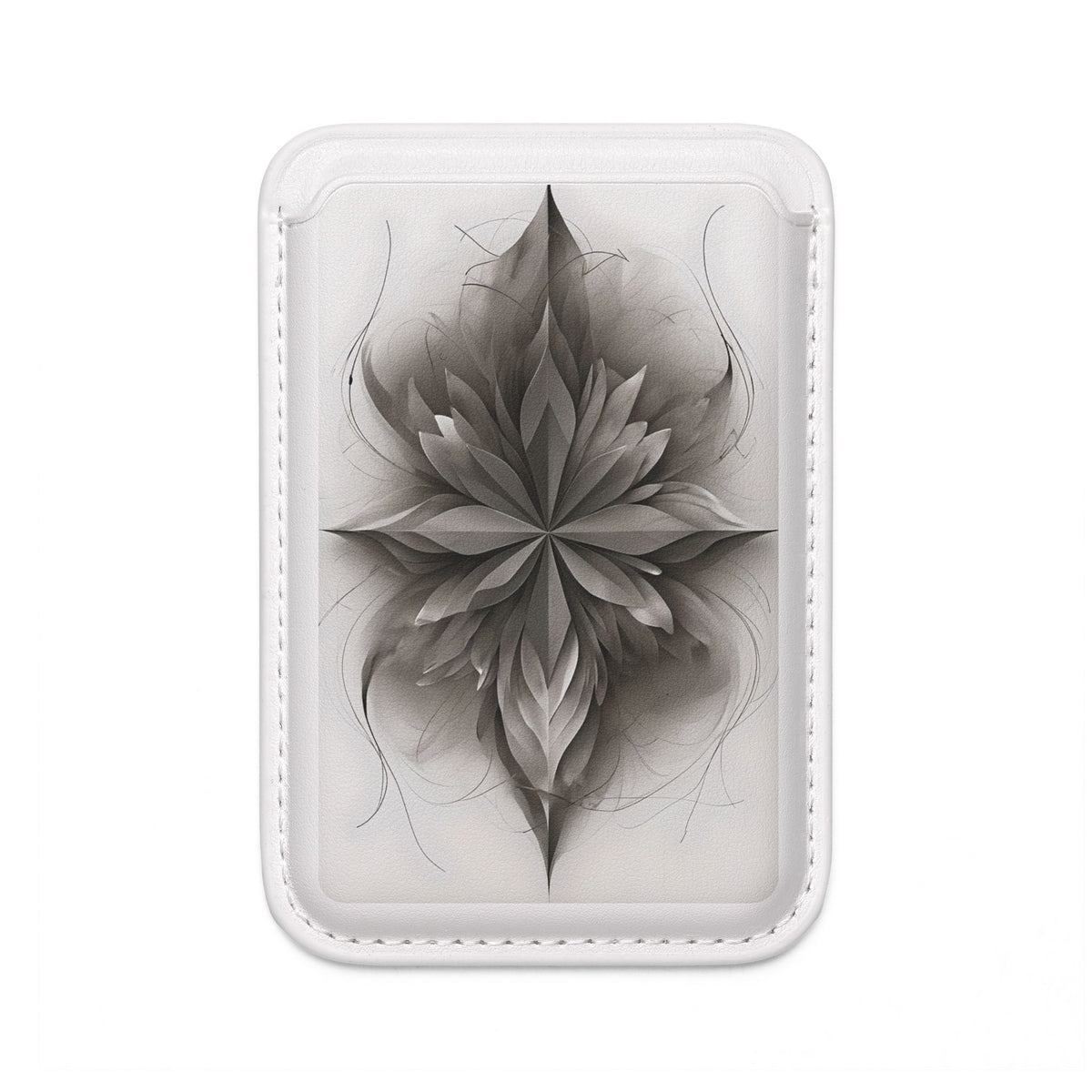 Silver Lotus MagSafe card holder with monochrome lotus floral design on white magnetic wallet.