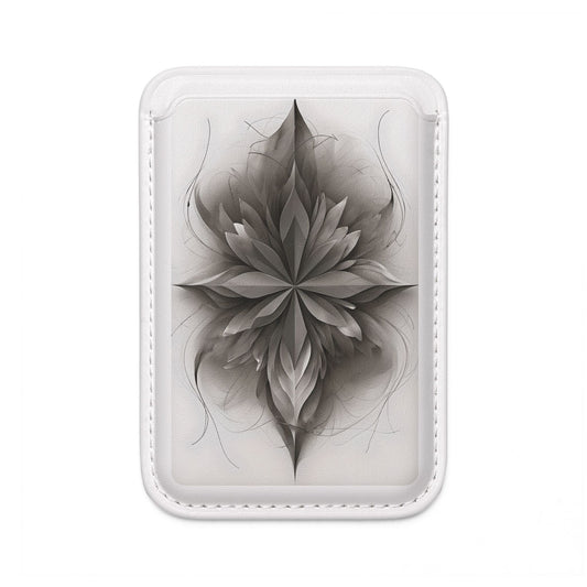 Silver Lotus MagSafe card holder with monochrome lotus floral design on white magnetic wallet.