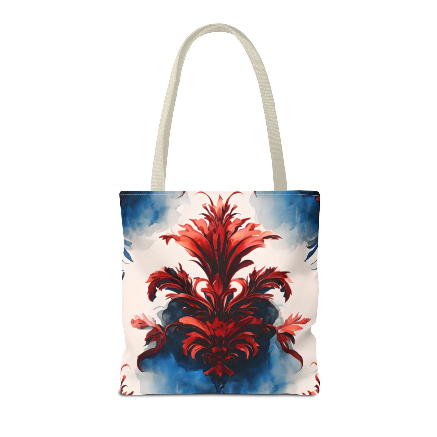 Crimson Plume Tote Bag (16x16 & 18x18)- Bold Abstract Floral in Red and Blue, Reusable & Eco-Friendly