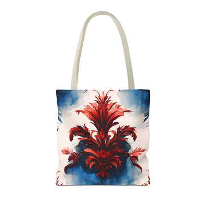 Crimson Plume Tote Bag (16x16 & 18x18)- Bold Abstract Floral in Red and Blue, Reusable & Eco-Friendly