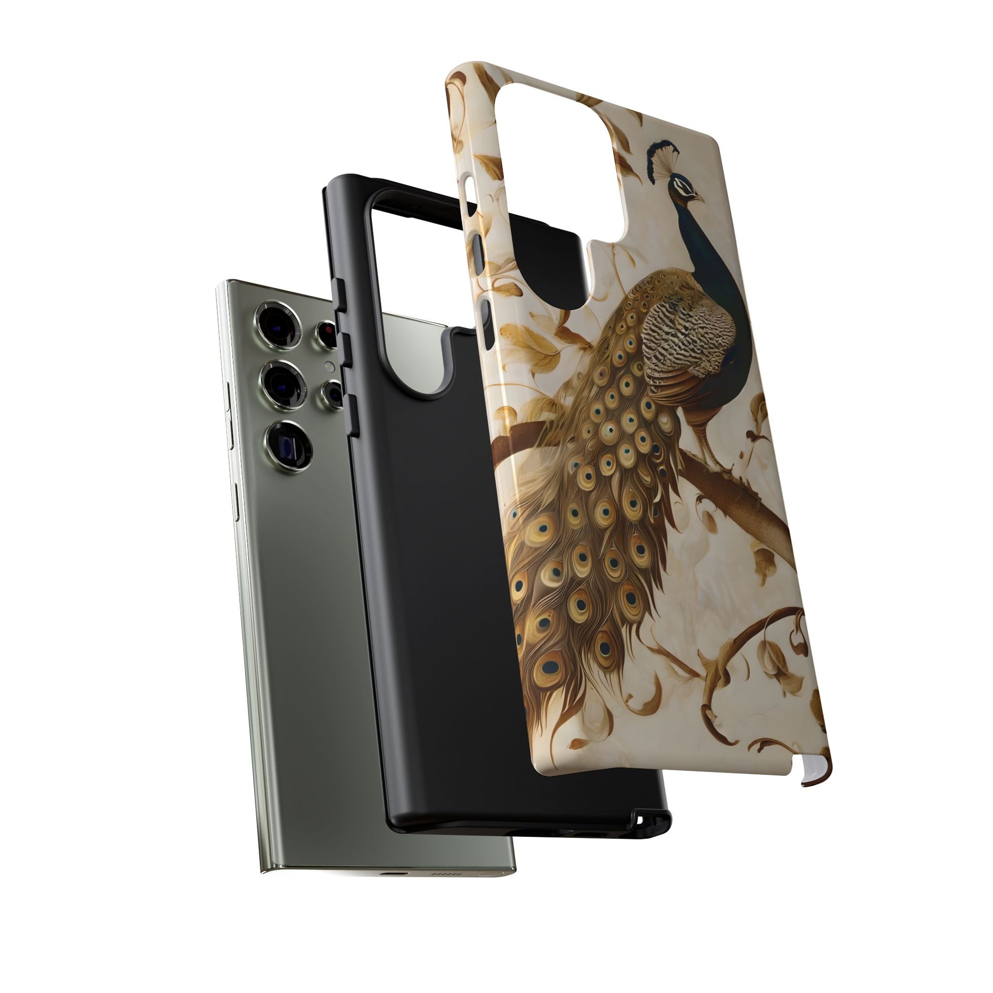 Golden Plumage - Luxe Peacock Art Samsung Galaxy S23 Ultra Phone Case - Elegant Gold & Cream Design