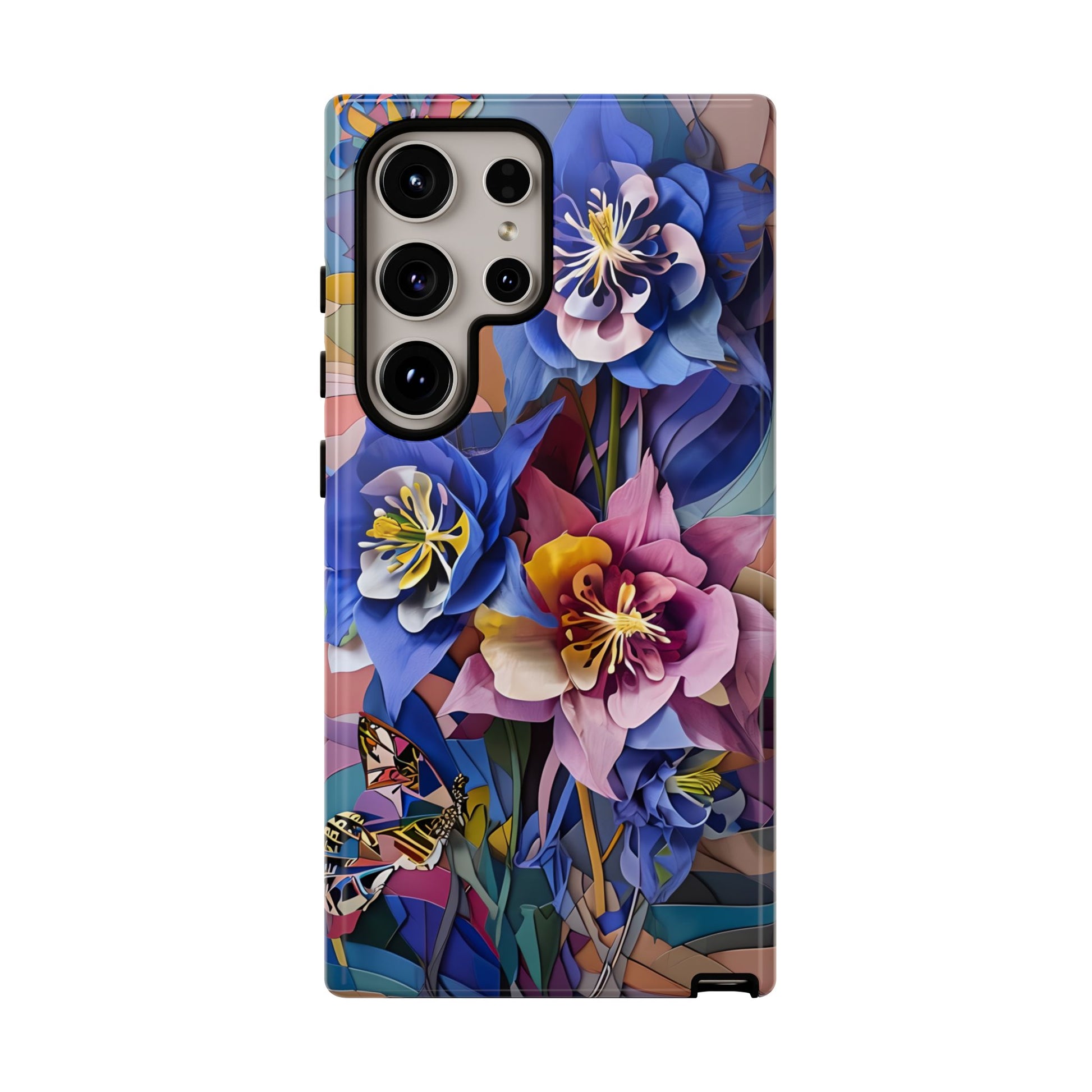 Blue Columbine Carnivale - Artistic Floral & Butterfly Samsung S24 Ultra Tough Phone Case - Vibrant Botanical Design