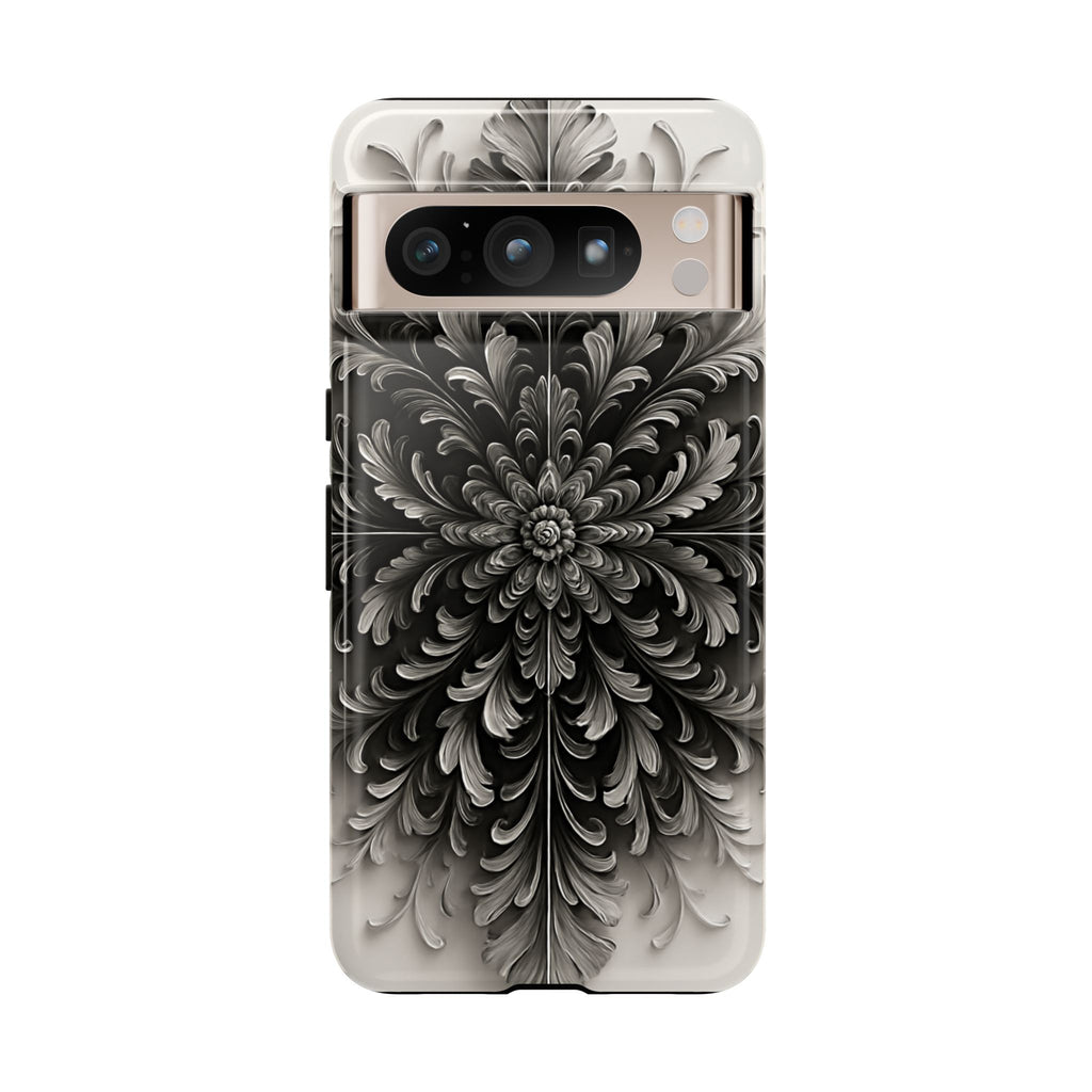 Obsidian Bloom - Elegant Black & White Google Pixel 8 Pro Tough Phone Case - Intricate Mandala Flower Design