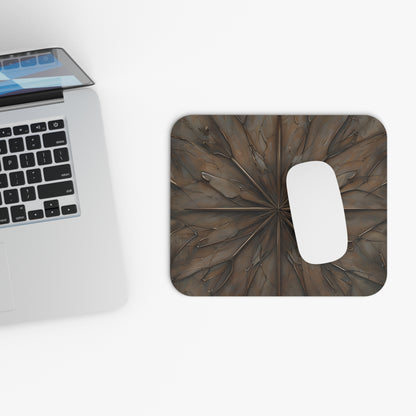 Earthstone Mandala mouse pad beside laptop displaying brown mandala pattern