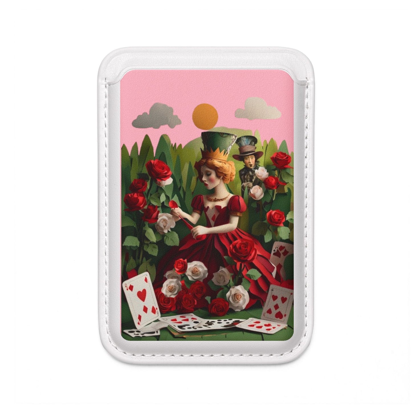 Regal Rose Court queen of hearts inspired rose garden artwork MagSafe card holder on white magnetic wallet