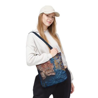 Peony Midnight Tapestry canvas tote bag worn over shoulder showing detailed peony artwork