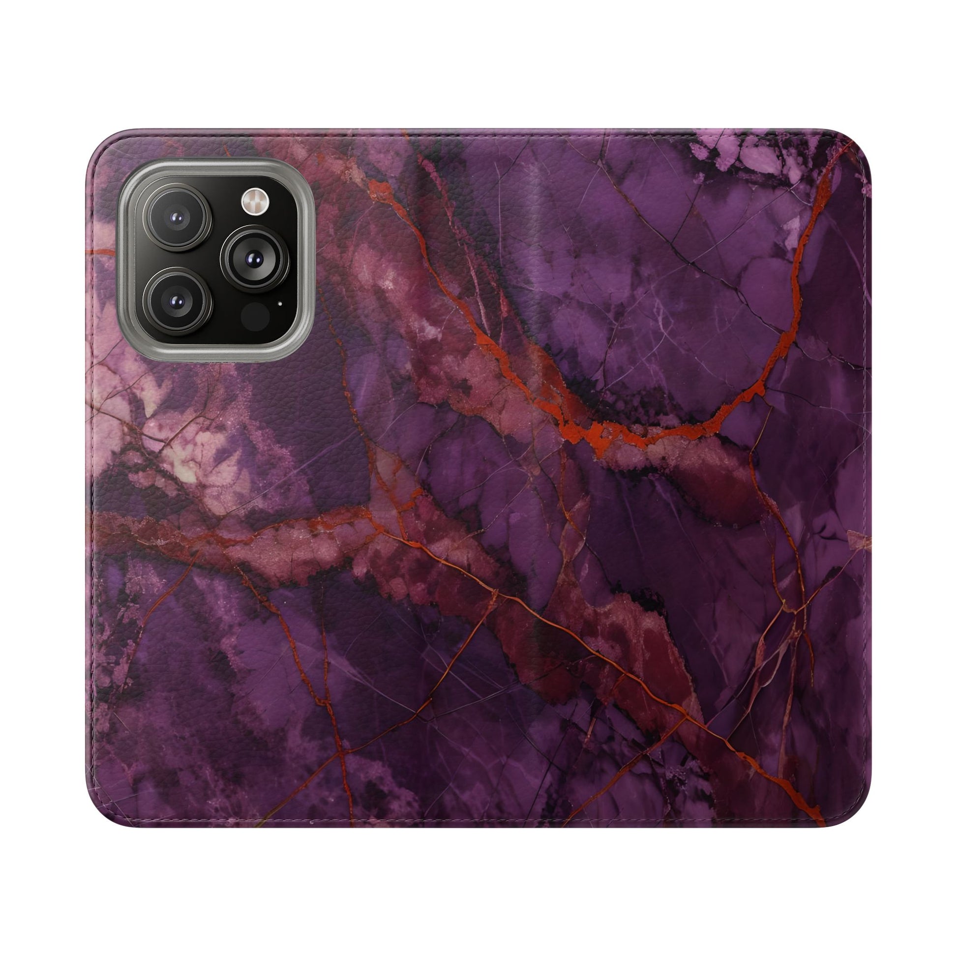 Amethyst Current Wallet Phone Case - Elegant Purple Marble Flip Cover for iPhone 14 Pro
