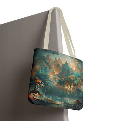 Misty Horizon canvas tote bag hanging with atmospheric teal and gold horizon design
