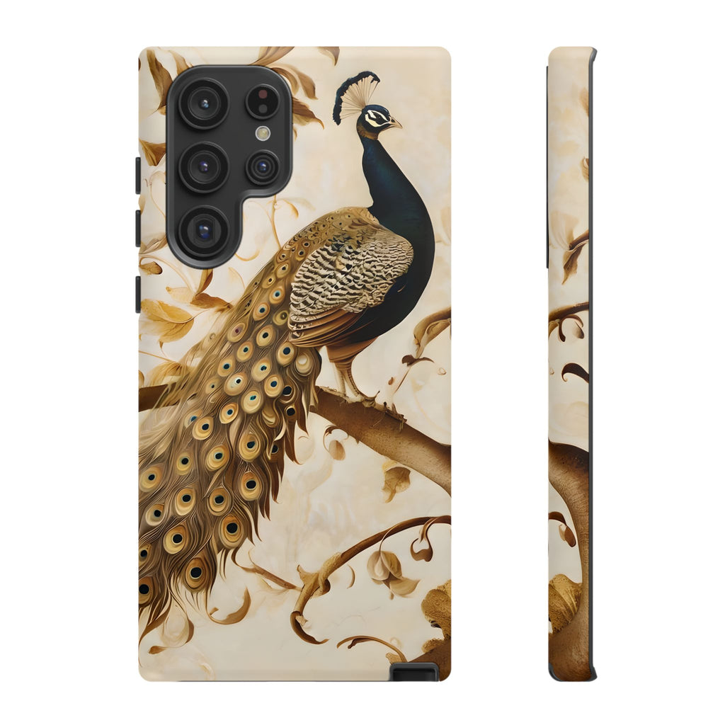 Golden Plumage - Luxe Peacock Art Samsung Galaxy S22 Ultra Phone Case - Elegant Gold & Cream Design