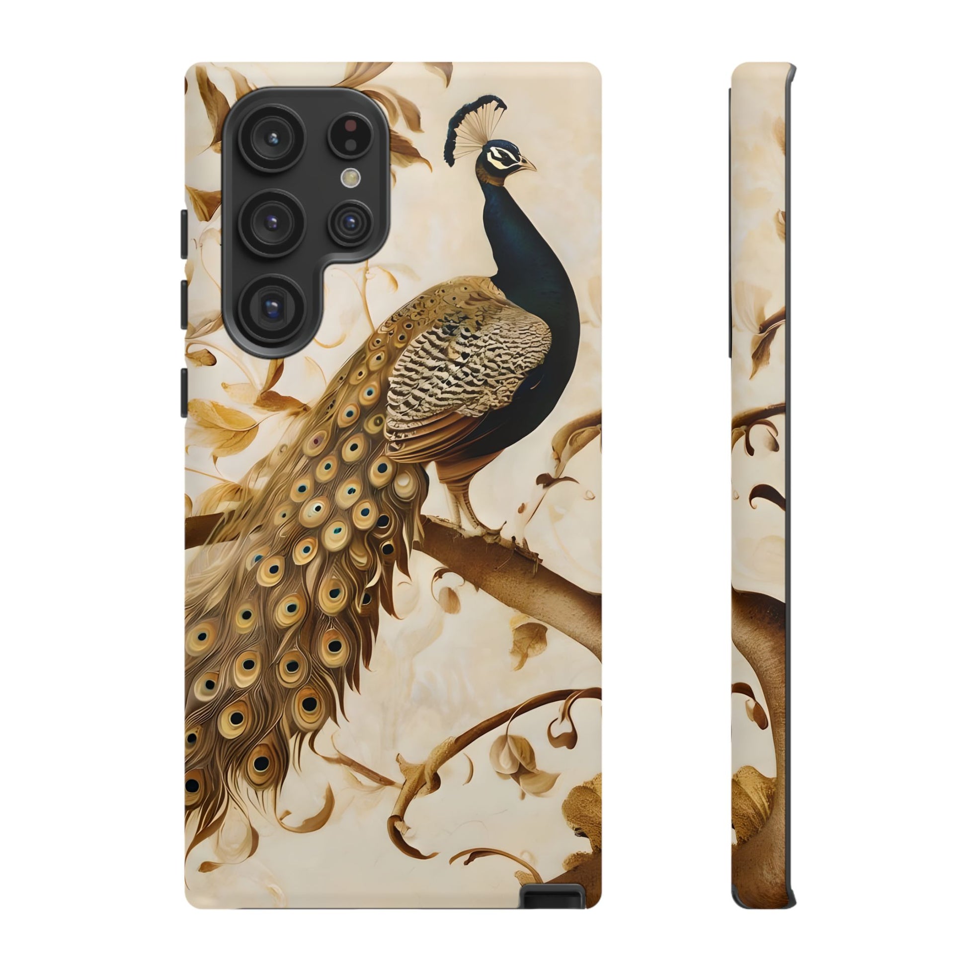 Golden Plumage - Luxe Peacock Art Samsung Galaxy S22 Ultra Phone Case - Elegant Gold & Cream Design