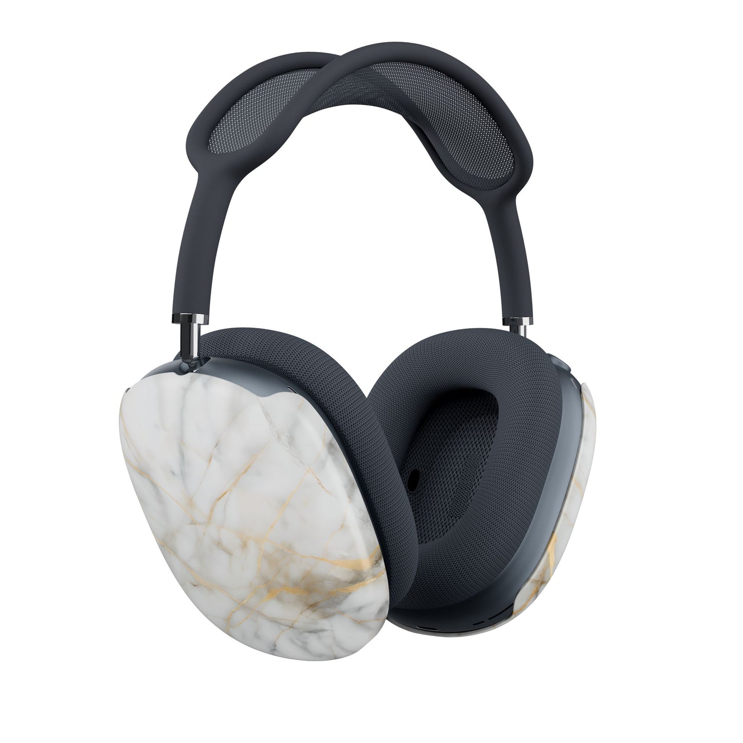 Golden Vein AirPods Max cover set on Apple headphones, elegant white and gold marble design for Apple AirPods Max, angled side view