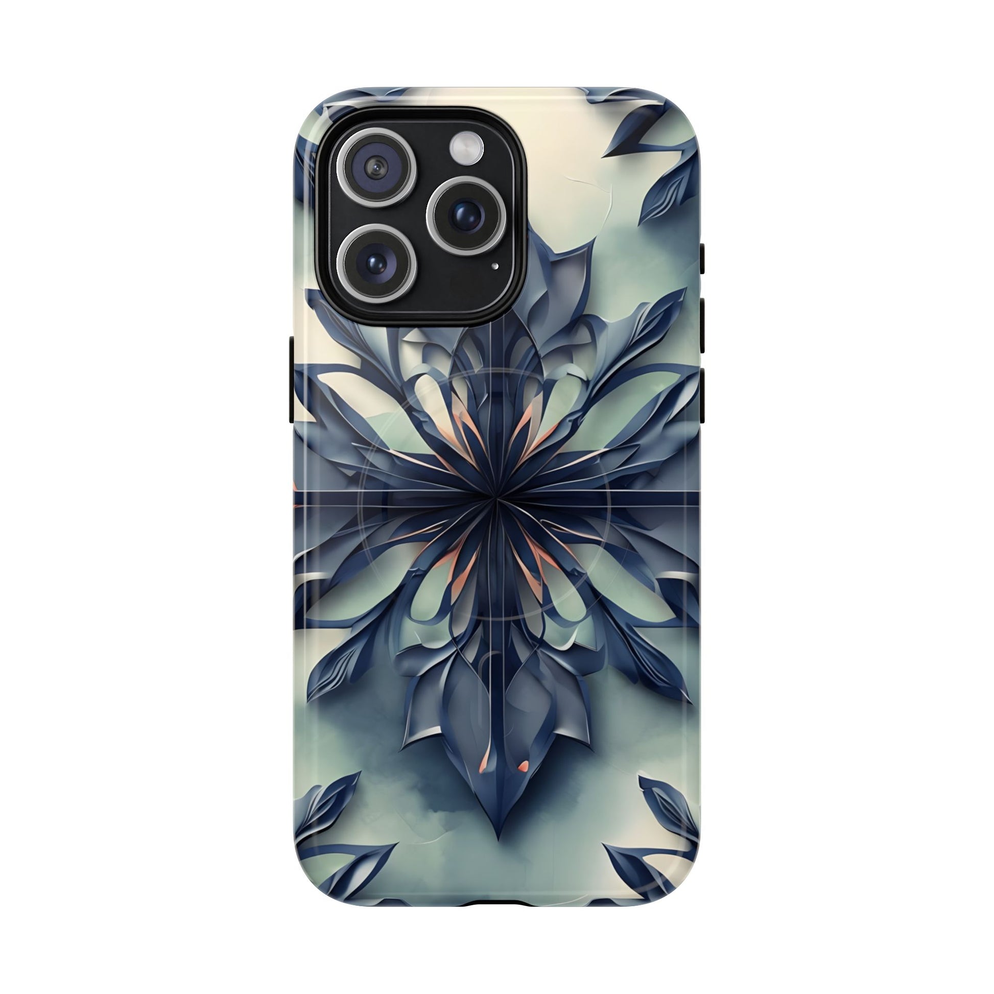 Frosted Indigo Bloom - Artistic Kaleidoscope Collection Artistic Floral - iPhone 15 Pro Max MagSafe Phone Case -Blue Symmetrical Design