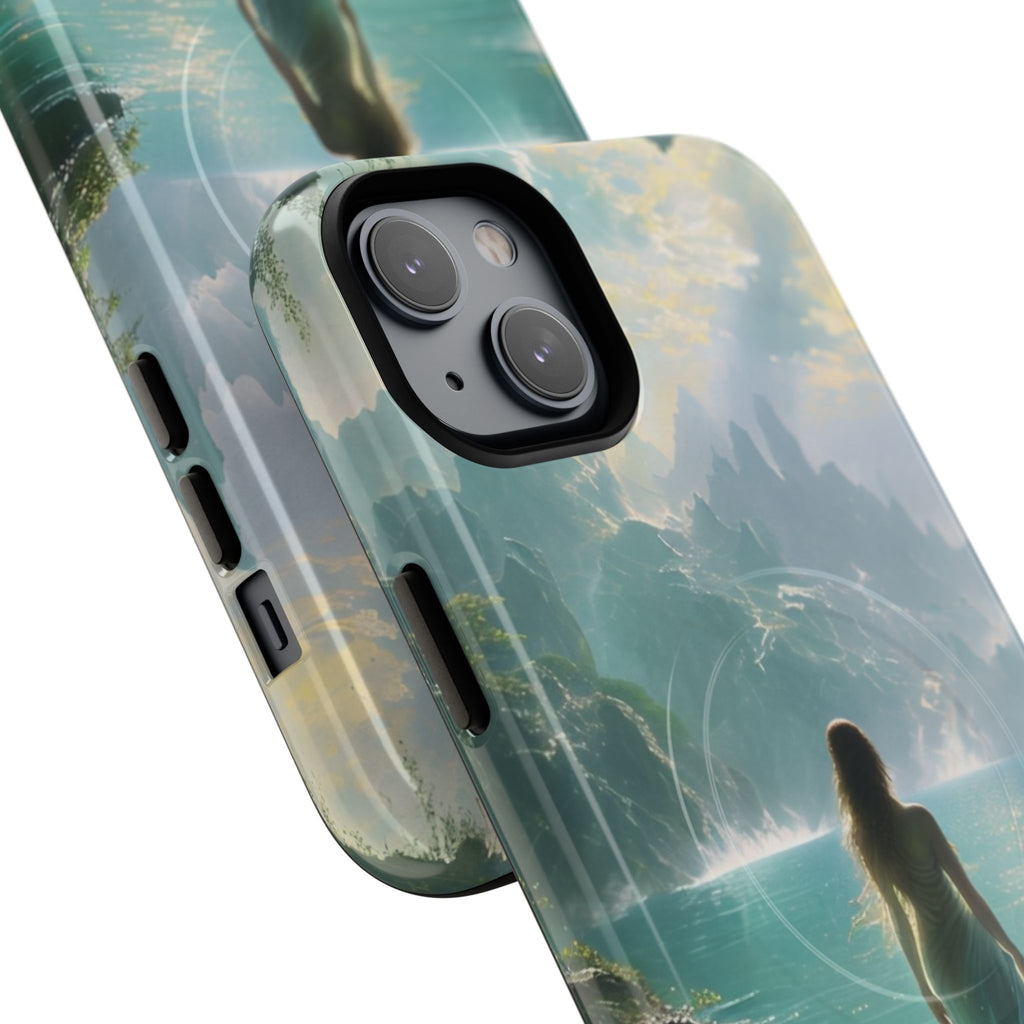 Celestial Tides - Dreamscape Art iPhone 14 Plus MagSafe Phone Case -Ethereal Woman & Fantasy Landscape Design