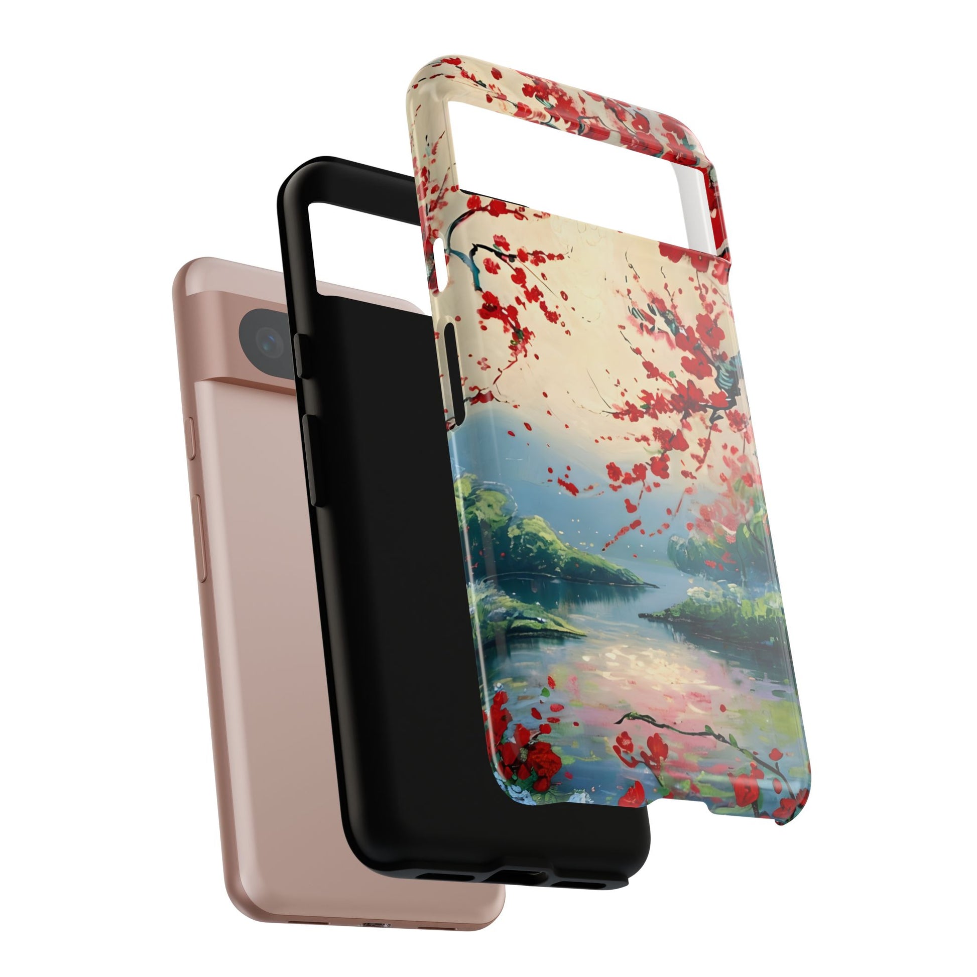 Crimson Blossom Lake - Artistic Floral Landscape Google Pixel 8 Tough Phone Case - Red Cherry Blossoms & Serene Lake Design