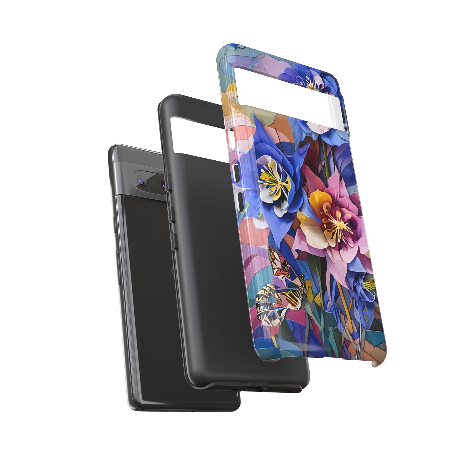 Blue Columbine Carnivale - Artistic Floral & Butterfly Google Pixel 7 Tough Phone Case - Vibrant Botanical Design