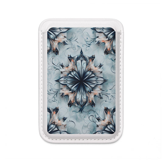 Indigo Mirage MagSafe card holder with indigo geometric floral design on white magnetic wallet.