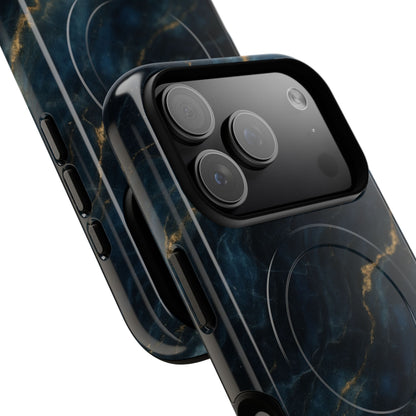 iPhone MagSafe case with dark navy marble design close angled view showing large camera cutout.