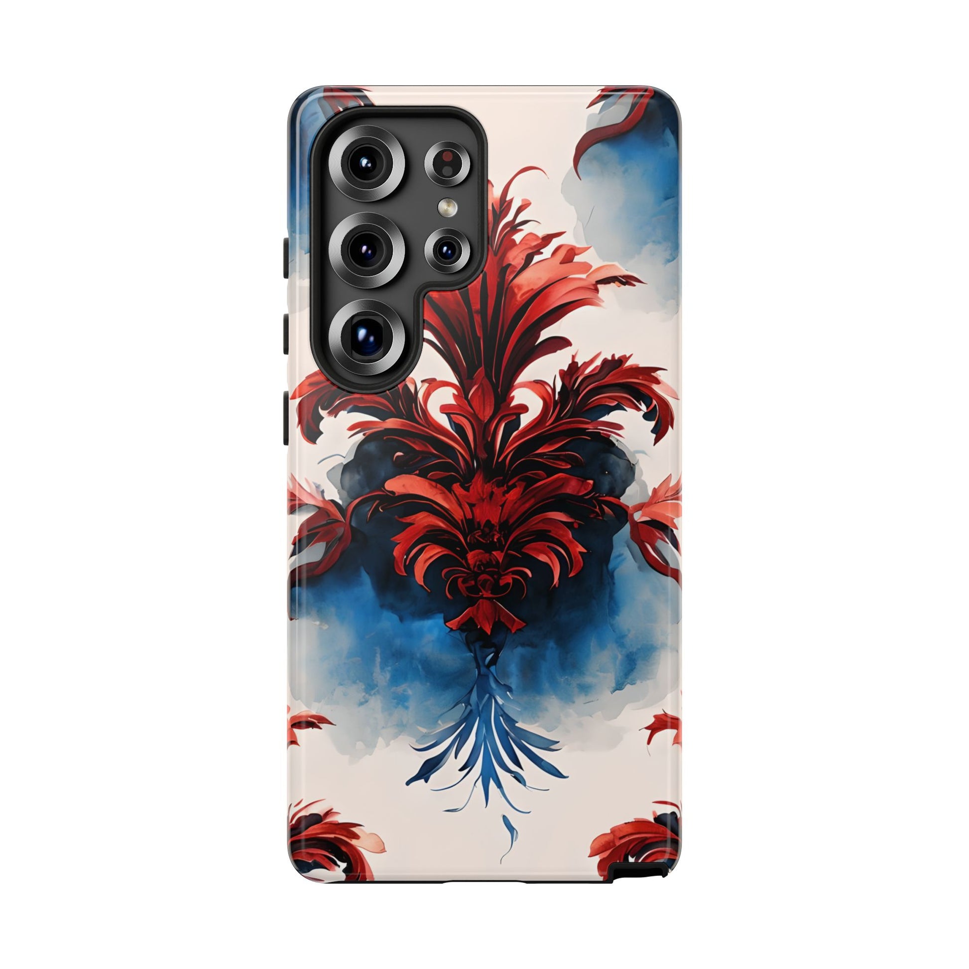 Crimson Plume - Bold Artistic Feather Samsung Galaxy S25 Ultra Tough Phone Case - Dramatic Red & Blue Design