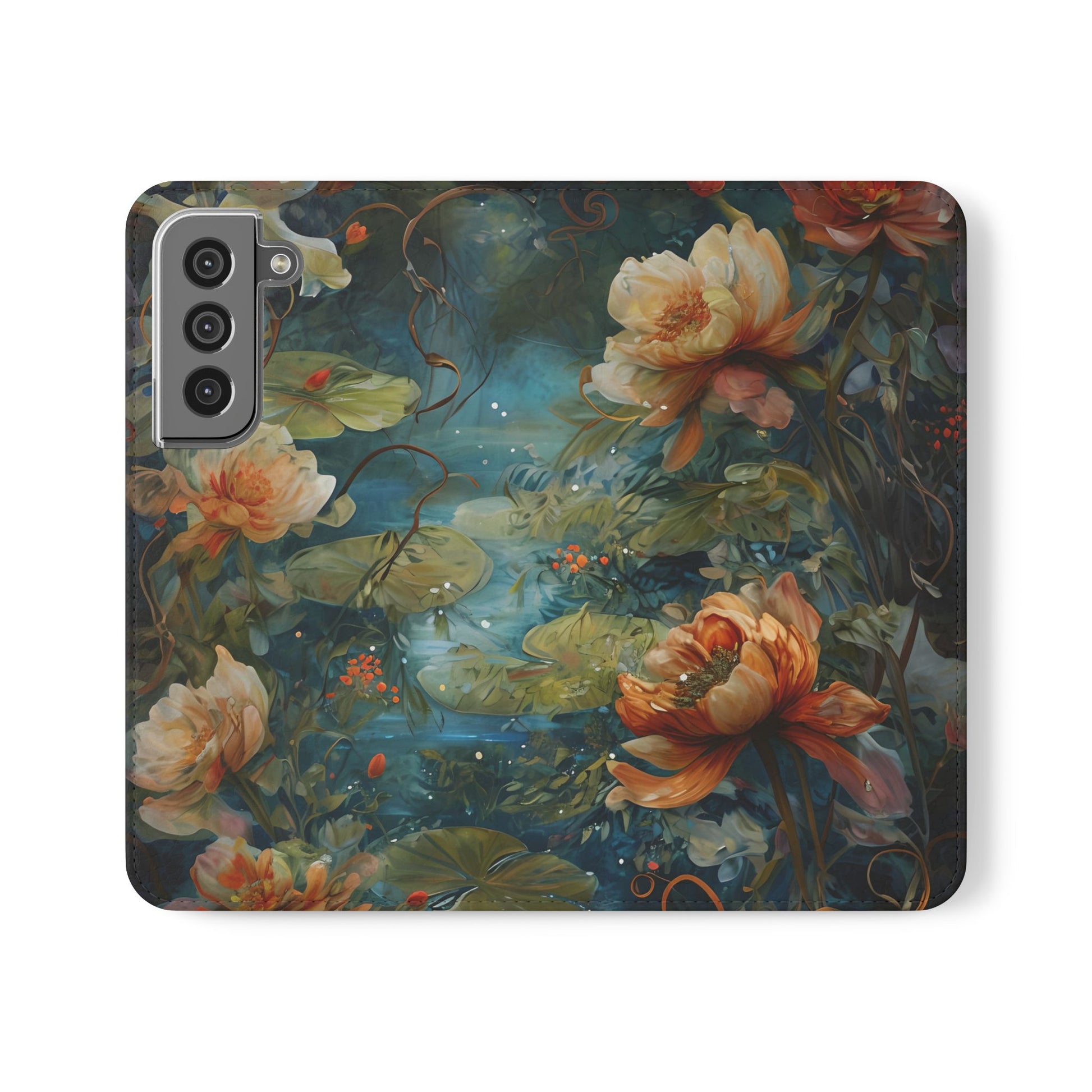 Waterlily Nocturne Samsung Galaxy S22 Wallet Case - Elegant Floral Flip Cover, Vintage Botanical Phone Folio