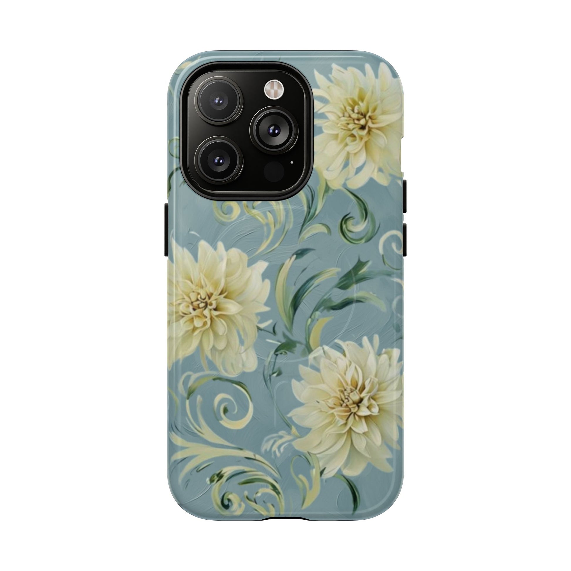 Golden Dahlia Trio - Elegant Floral iPhone 14 Pro MagSafe Phone Case - Artistic White & Blue Dahlia Design