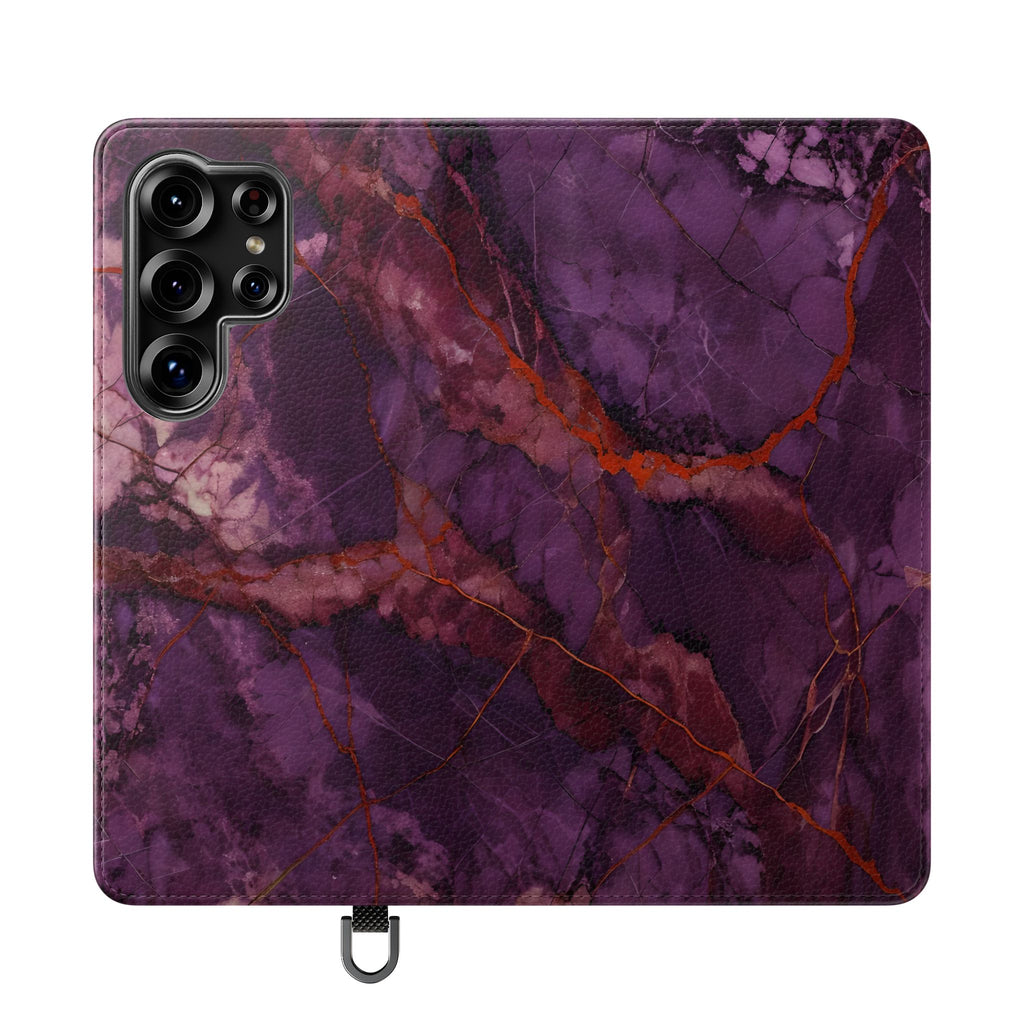 Amethyst Current Wallet Phone Case - Elegant Purple Marble Flip Cover for Samsung Galaxy S25 Ultra