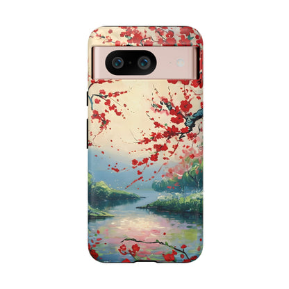 Crimson Blossom Lake - Artistic Floral Landscape Google Pixel 6 Tough Phone Case - Red Cherry Blossoms & Serene Lake Design