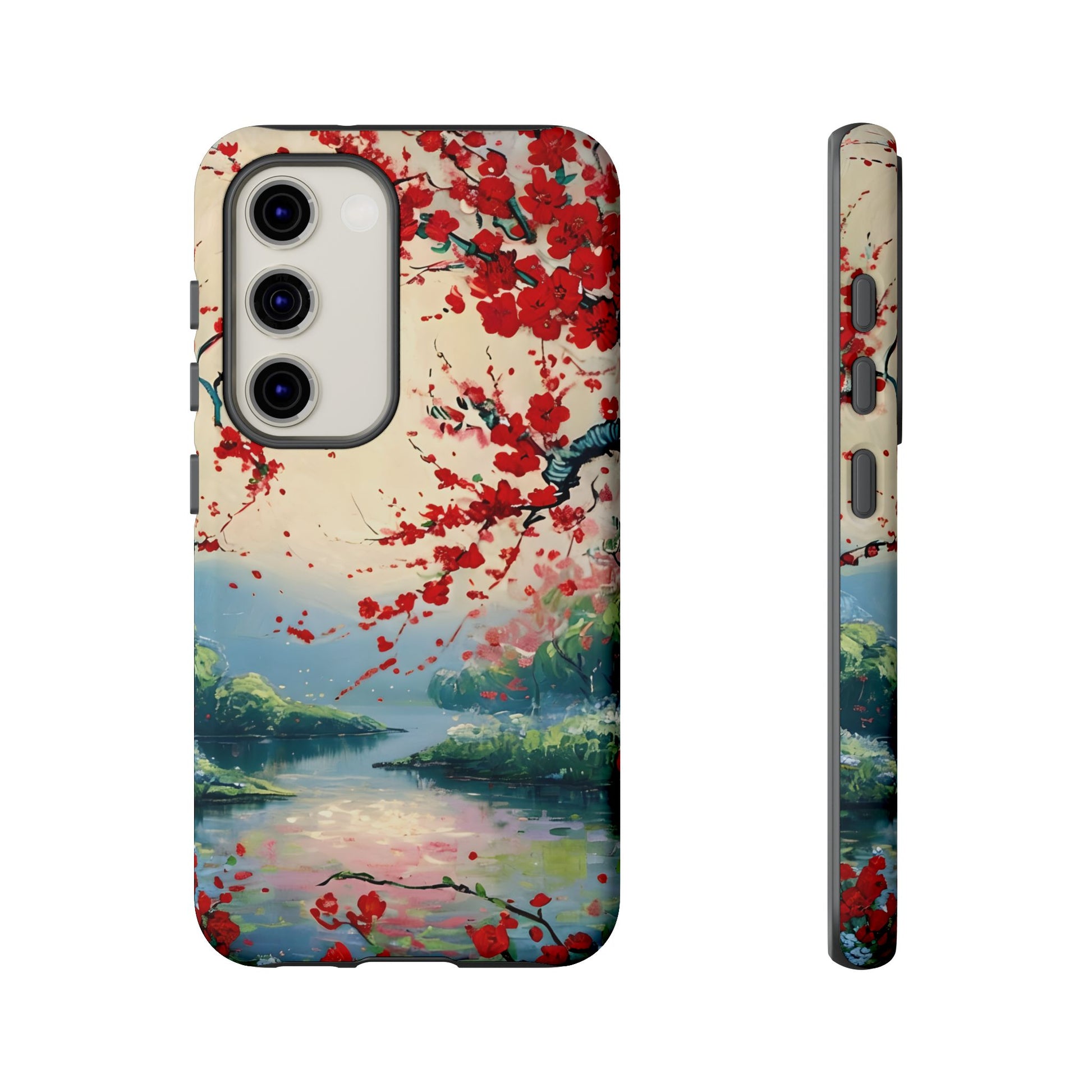 Crimson Blossom Lake - Artistic Floral Landscape Samsung Galaxy S23 Tough Phone Case - Red Cherry Blossoms & Serene Lake Design