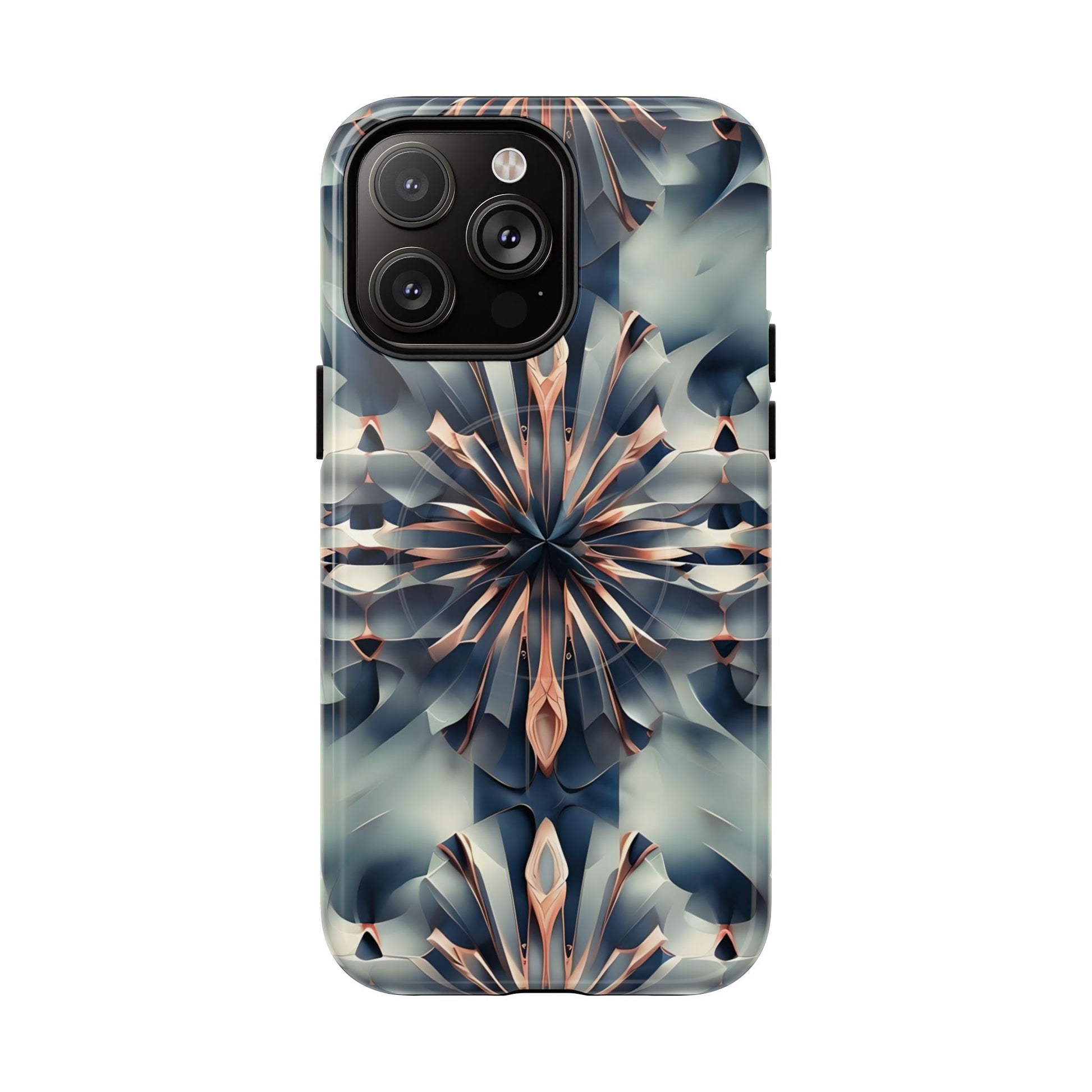 Obsidian Kaleidoscope Artistic Floral Burst - iPhone 14 Pro Max MagSafe Phone Case -Blue, Peach and Silver Symmetrical Design