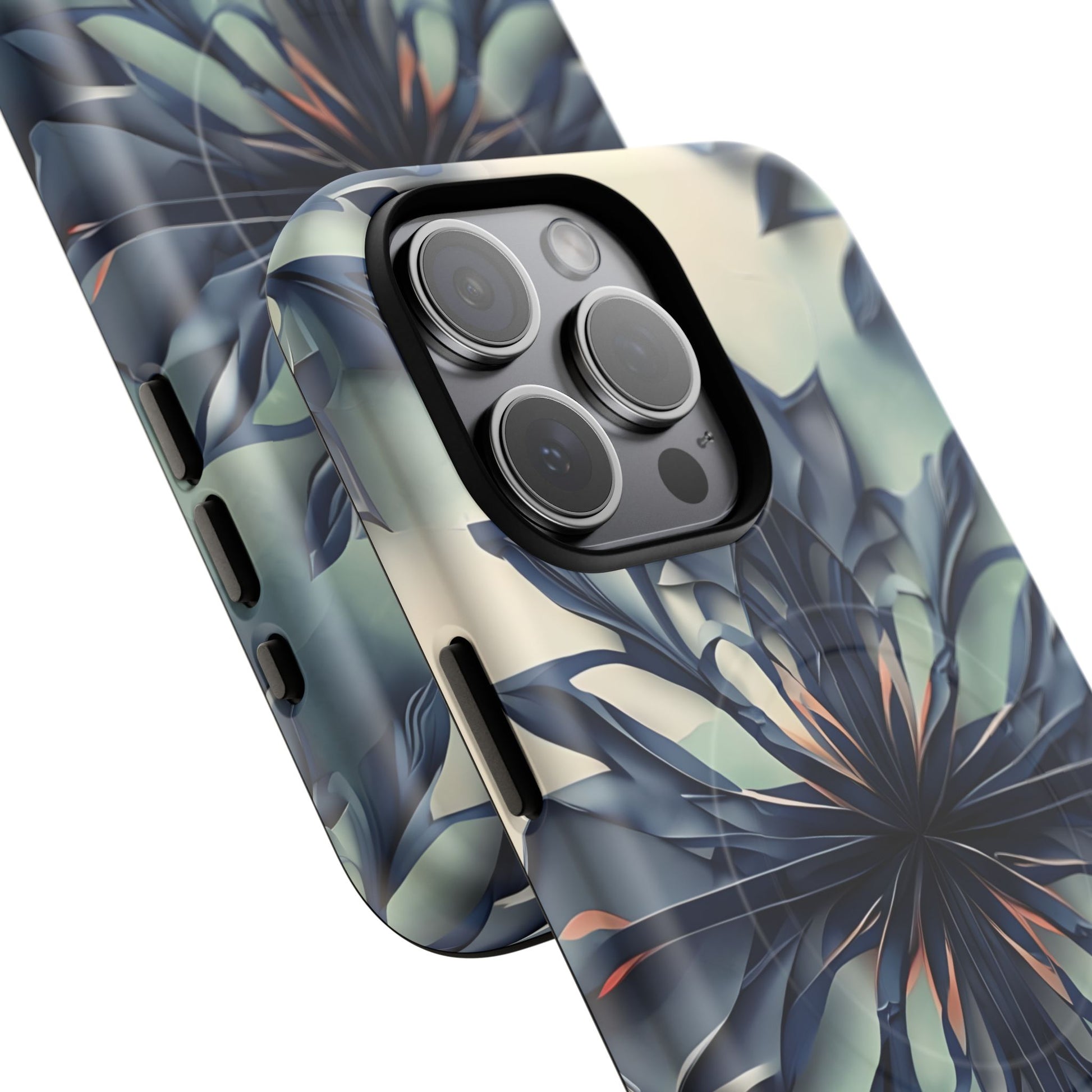 Frosted Indigo Bloom - Artistic Kaleidoscope Collection Artistic Floral - iPhone 15 Pro Max MagSafe Phone Case -Blue Symmetrical Design