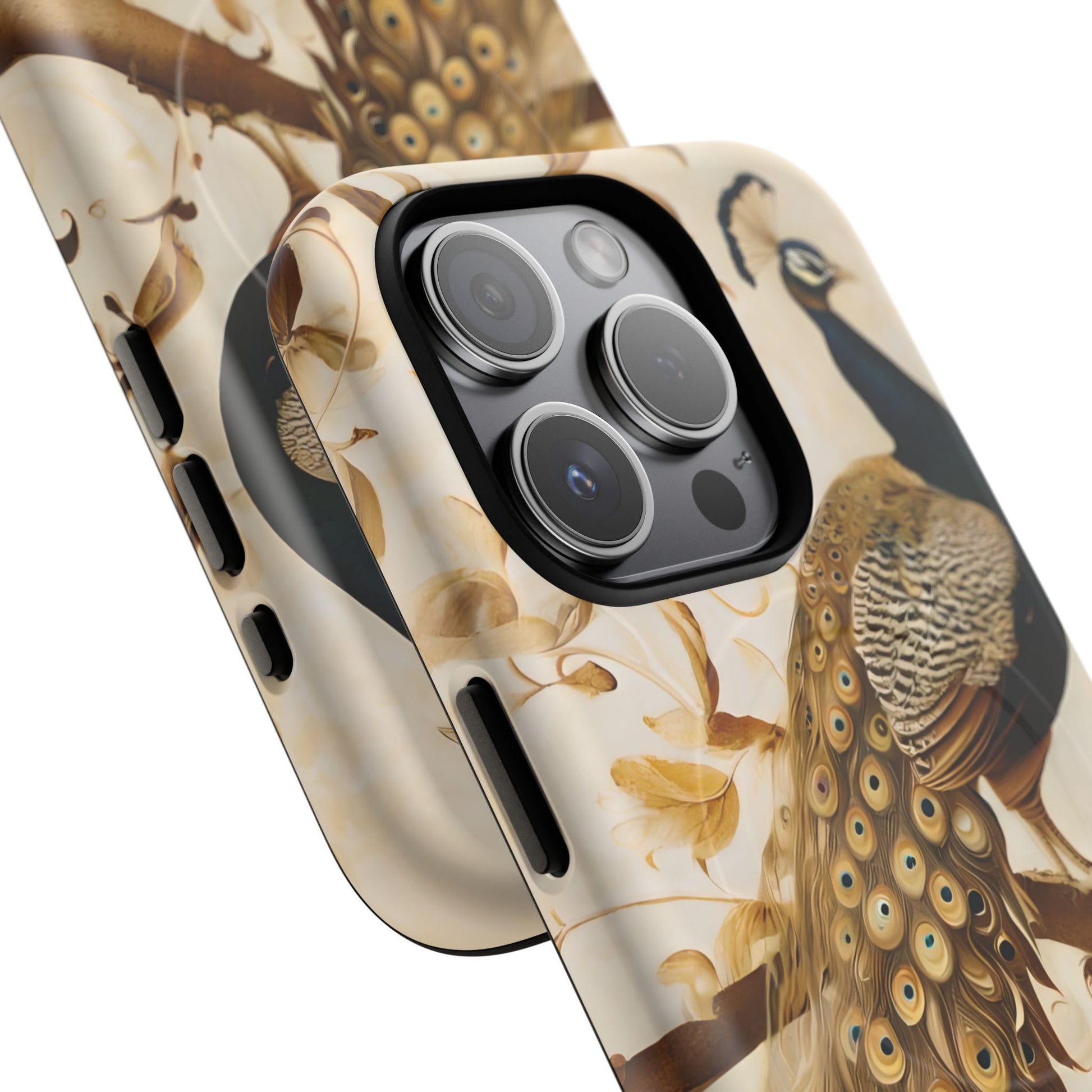 Golden Plumage - Luxe Peacock Art iPhone 15 Pro Phone Case - MagSafe Compatible - Elegant Gold & Cream Design