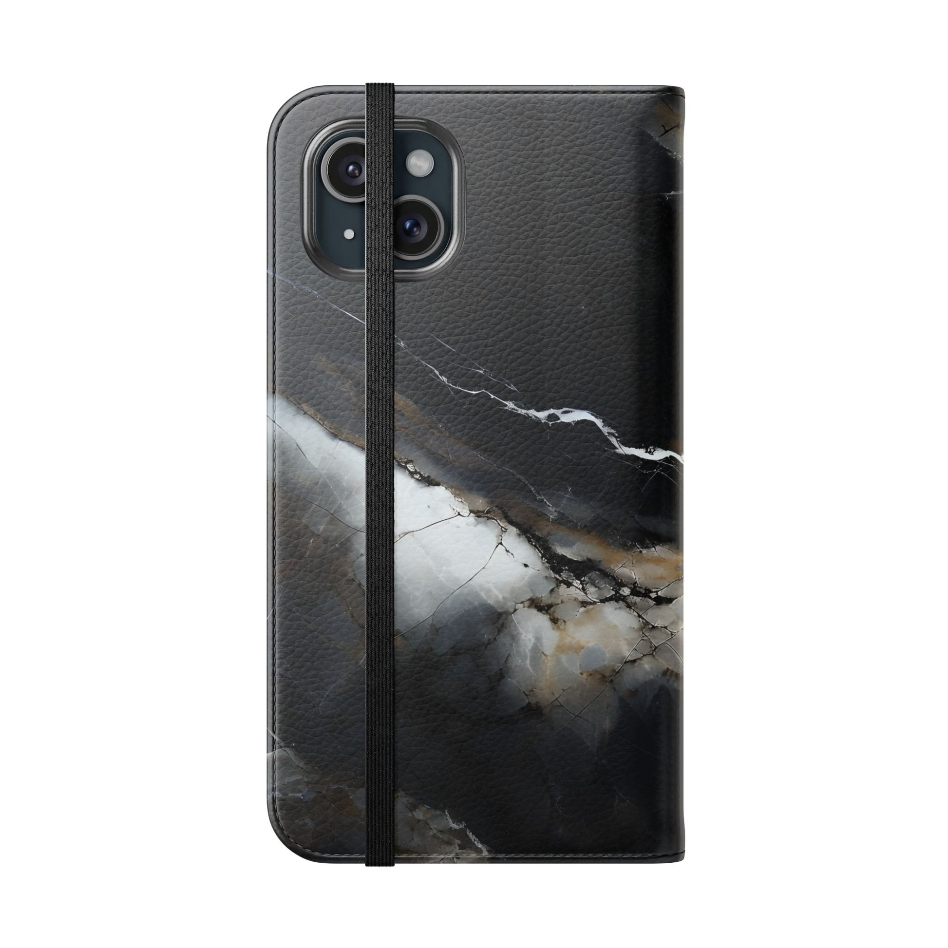Obsidian Vein Wallet Phone Case - Black & White Marble - Flip Cover for iPhone 15 Plus