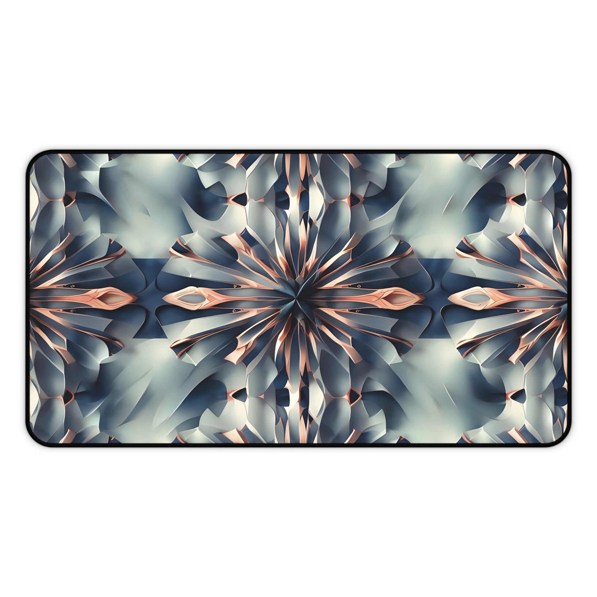 Obsidian Kaleidoscope desk mat featuring intricate blue, peach and silver kaleidoscope pattern