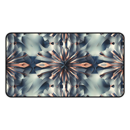 Obsidian Kaleidoscope desk mat featuring intricate blue, peach and silver kaleidoscope pattern
