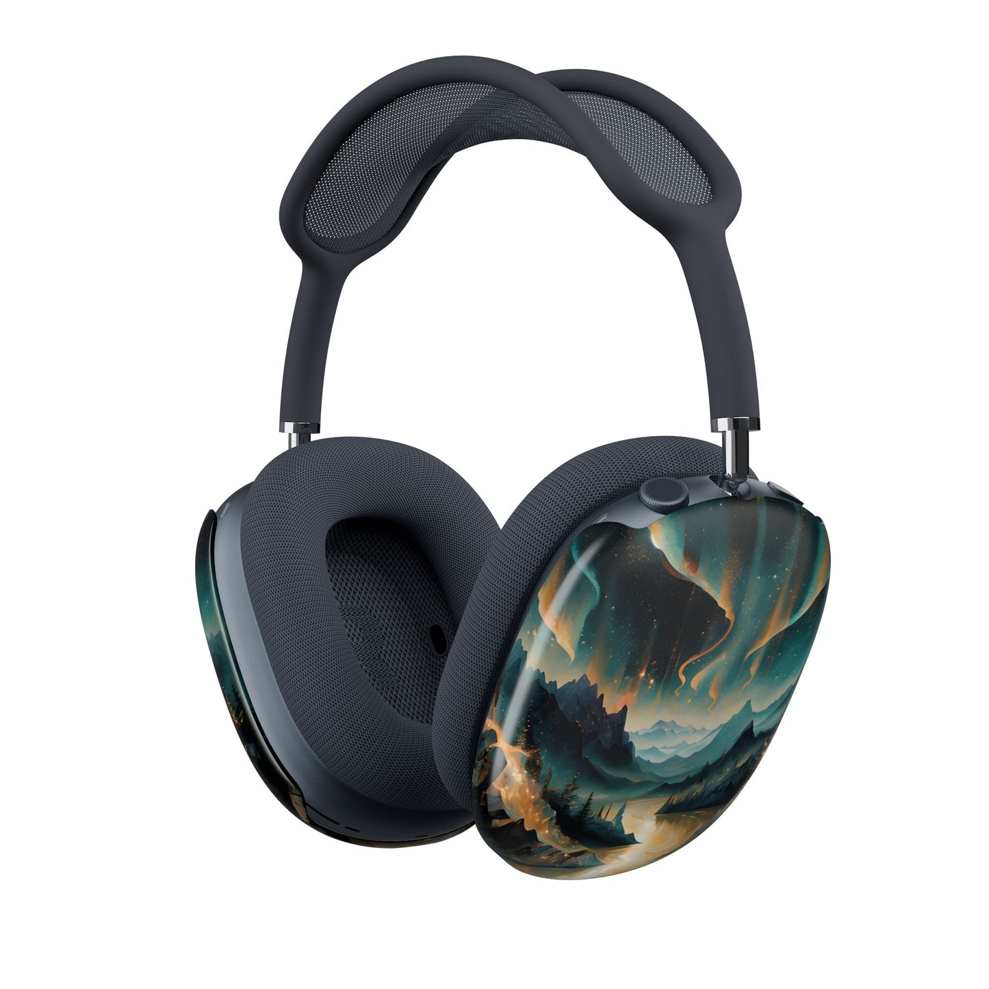 Aurora Dreamscape AirPods Max cover with glowing aurora sky over fantasy mountains and river, angled view on Apple AirPods Max headphones