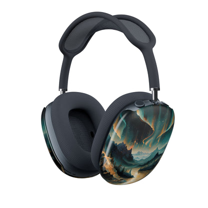 Aurora Dreamscape AirPods Max cover with glowing aurora sky over fantasy mountains and river, angled view on Apple AirPods Max headphones