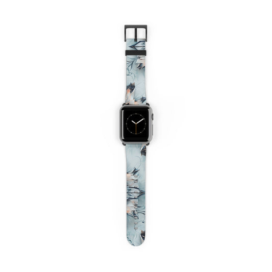 Indigo Mirage Apple Watch band with watch face featuring abstract indigo kaleidoscope pattern in soft blue tones