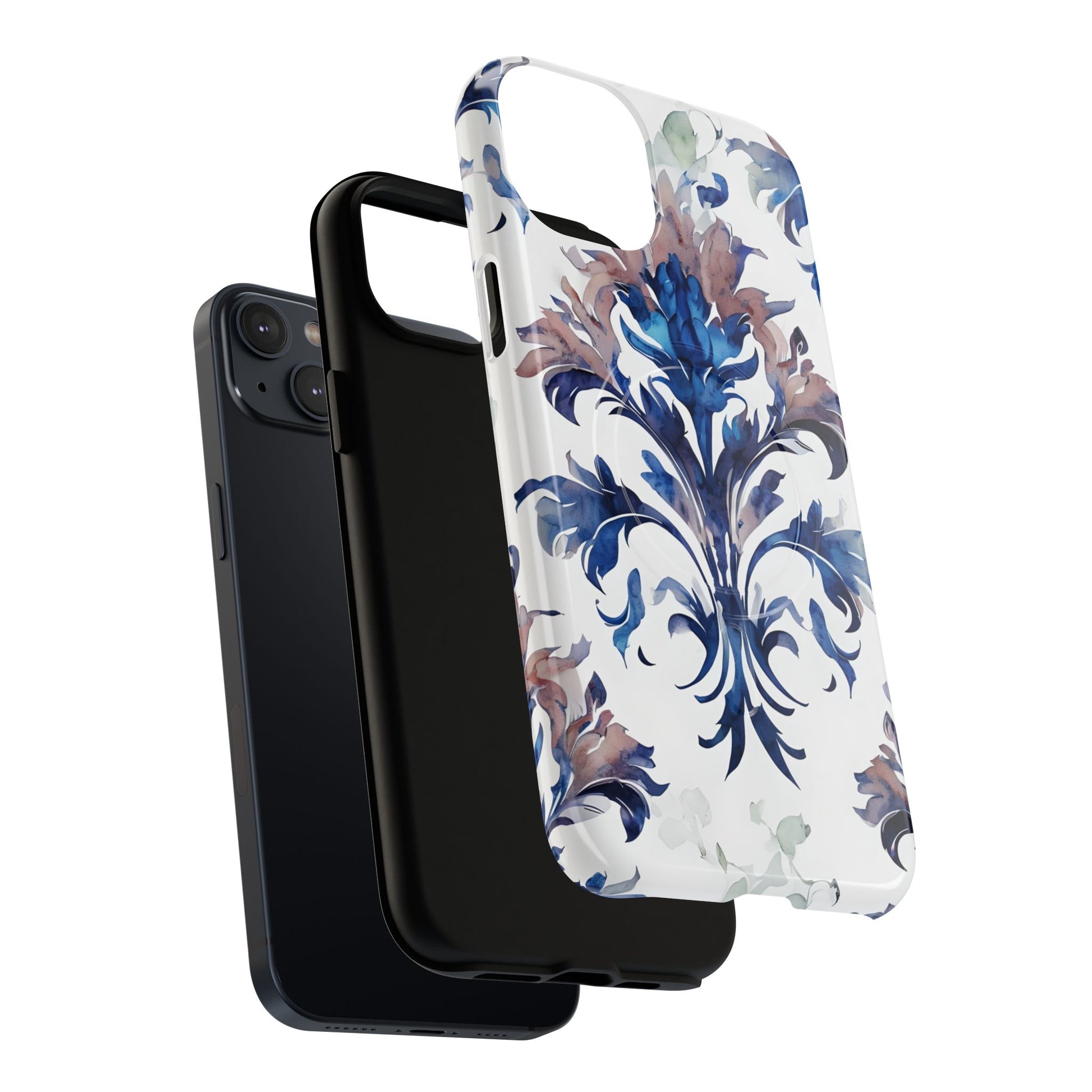 Delft Reverie - Elegant Blue & White iPhone 14 Plus MagSafe Phone Case - Dutch Delftware-Inspired Floral Design