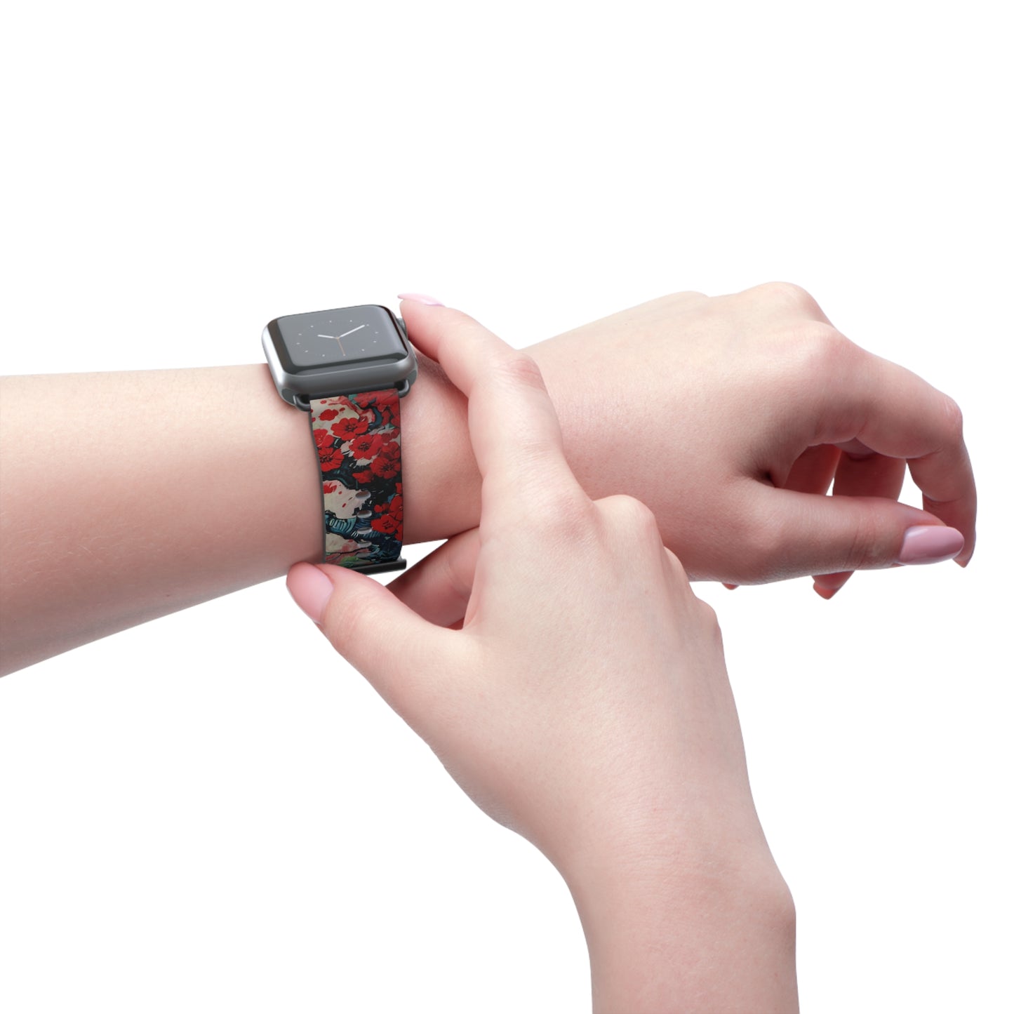 Crimson Blossom Lake Apple Watch band worn on wrist featuring vibrant crimson blossom floral design