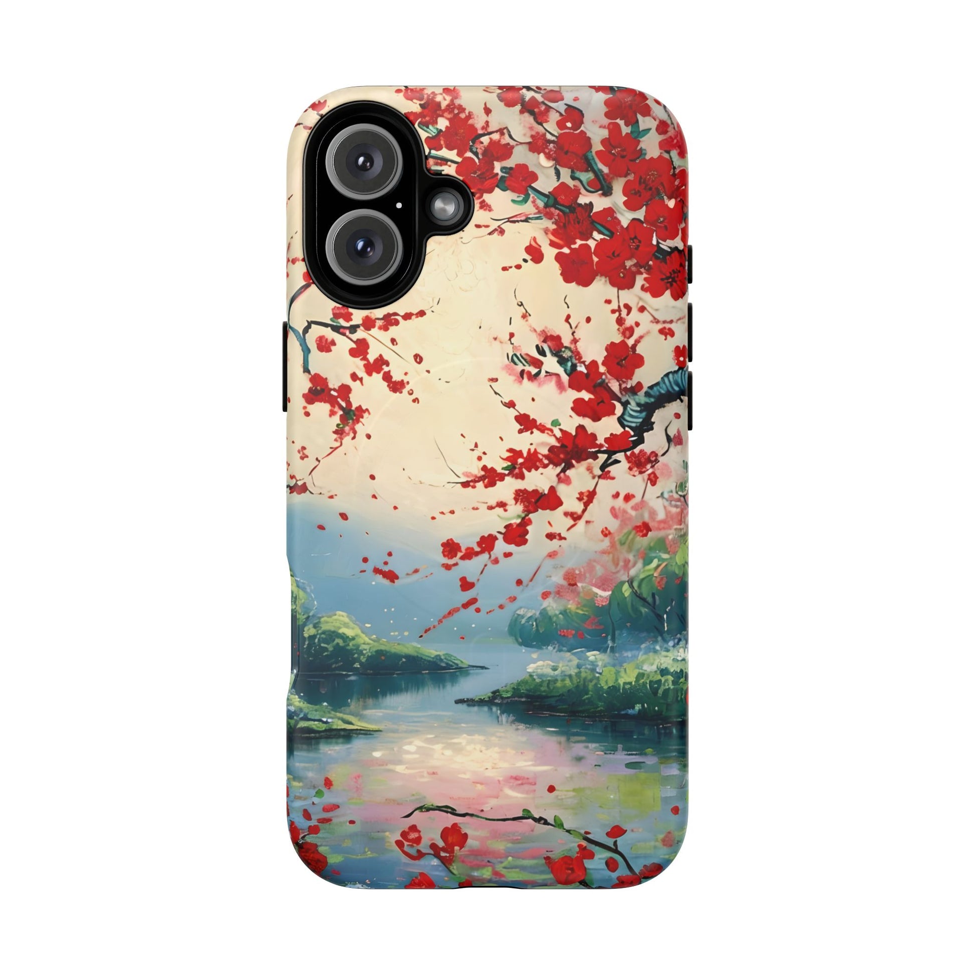 Crimson Blossom Lake - Artistic Floral Landscape iPhone 16 Plus MagSafe Phone Case - Red Cherry Blossoms & Serene Lake Design