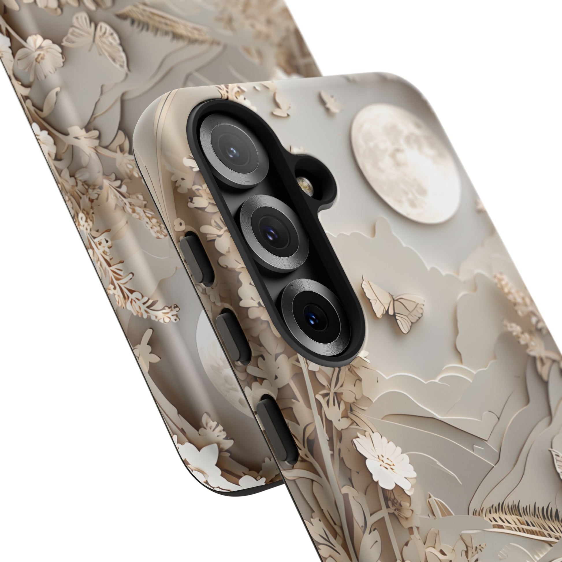 Moonlit Garden - Elegant Neutral Floral Samsung Galaxy S25 Tough Phone Case - Painterly Botanical & Moon Design