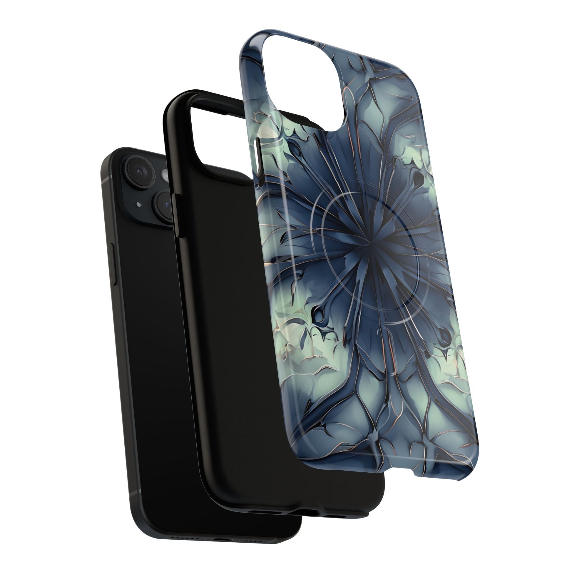Indigo Mosaic - Artistic Kaleidoscope Collection Artistic Floral - iPhone 15 Plus MagSafe Phone Case -Bold Blue Symmetrical Design
