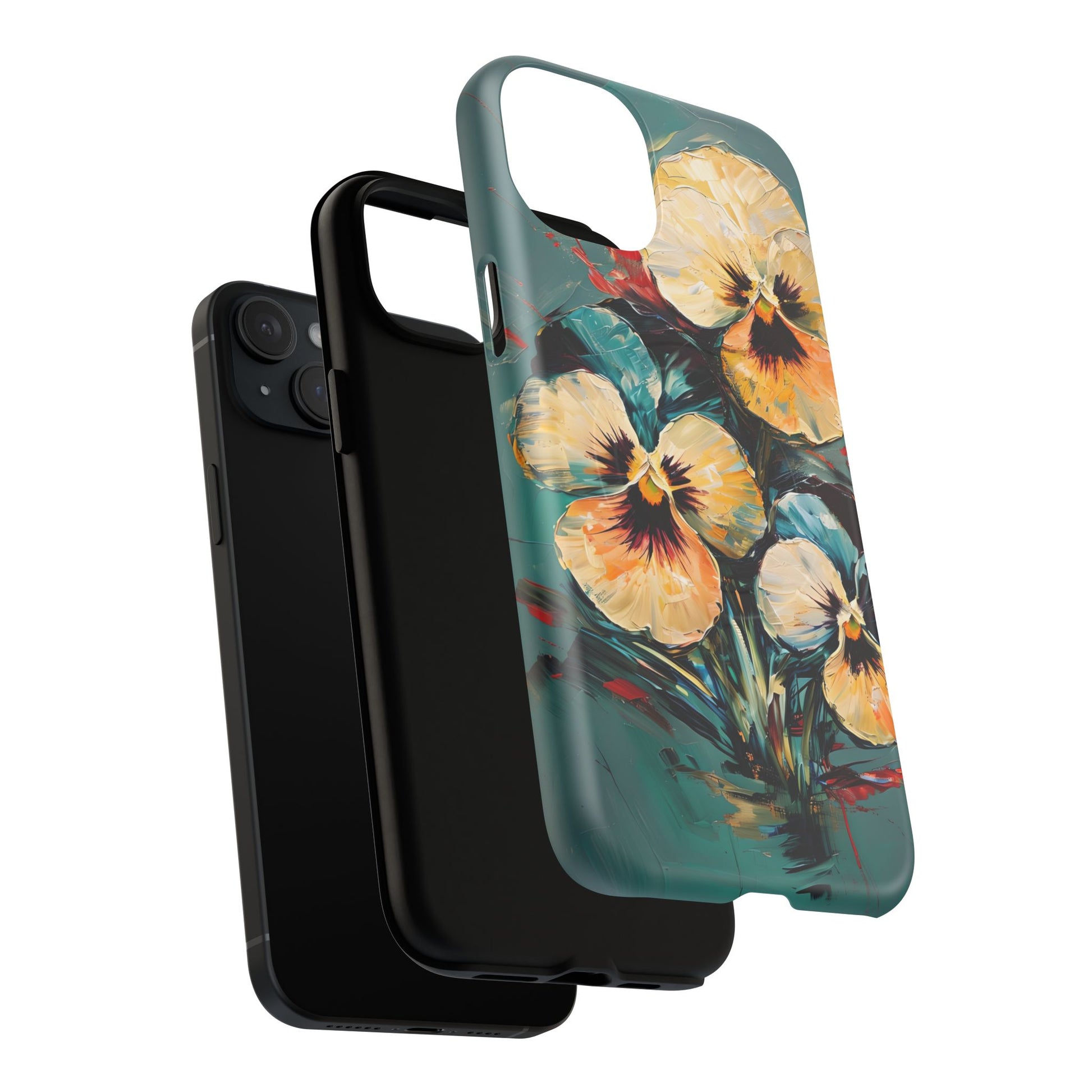 Golden Pansy Cascade - Elegant Floral iPhone 15 Plus MagSafe Case with Deep Teal Background