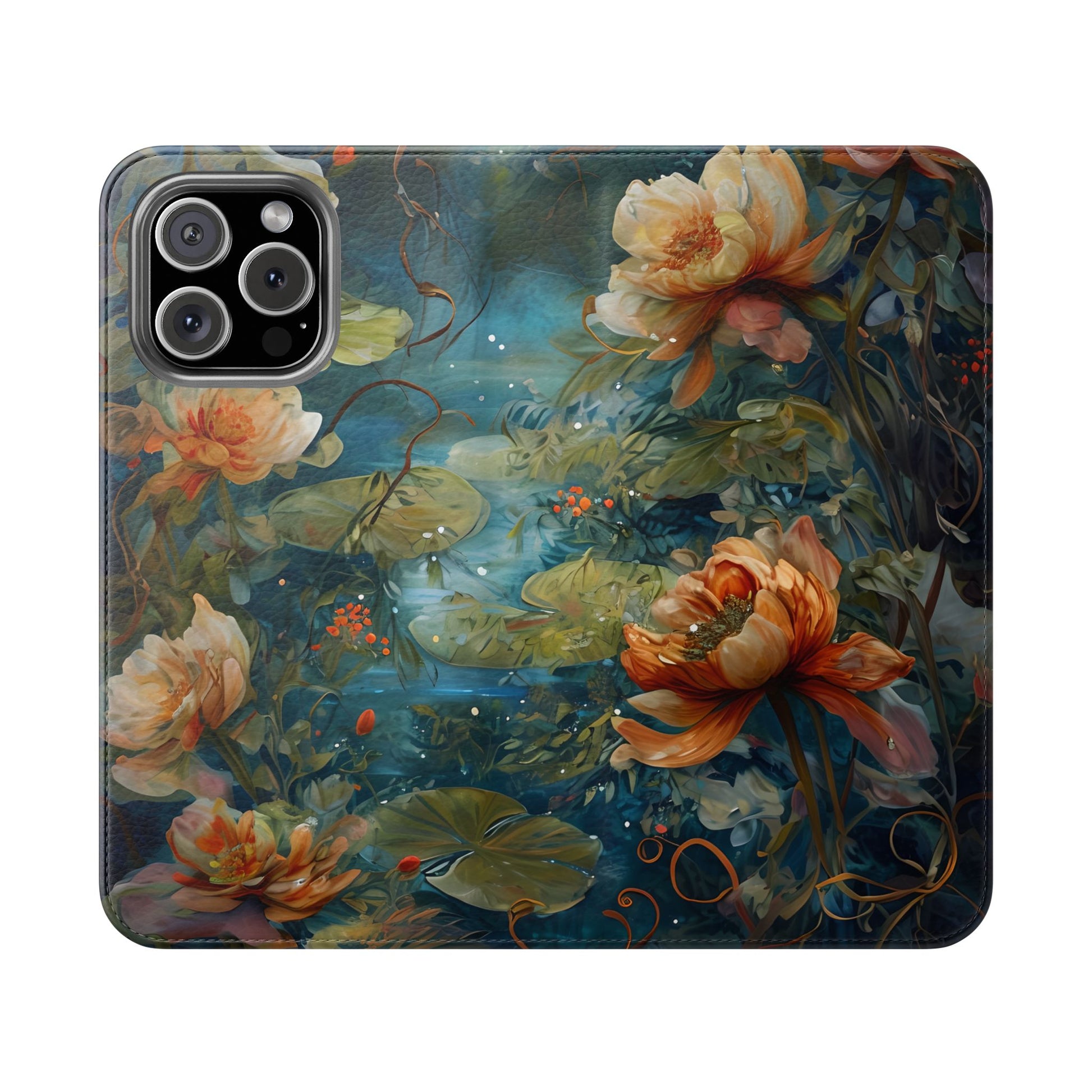Waterlily Nocturne iPhone 16 Pro Max Wallet Case - Elegant Floral Flip Cover, Vintage Botanical Phone Folio