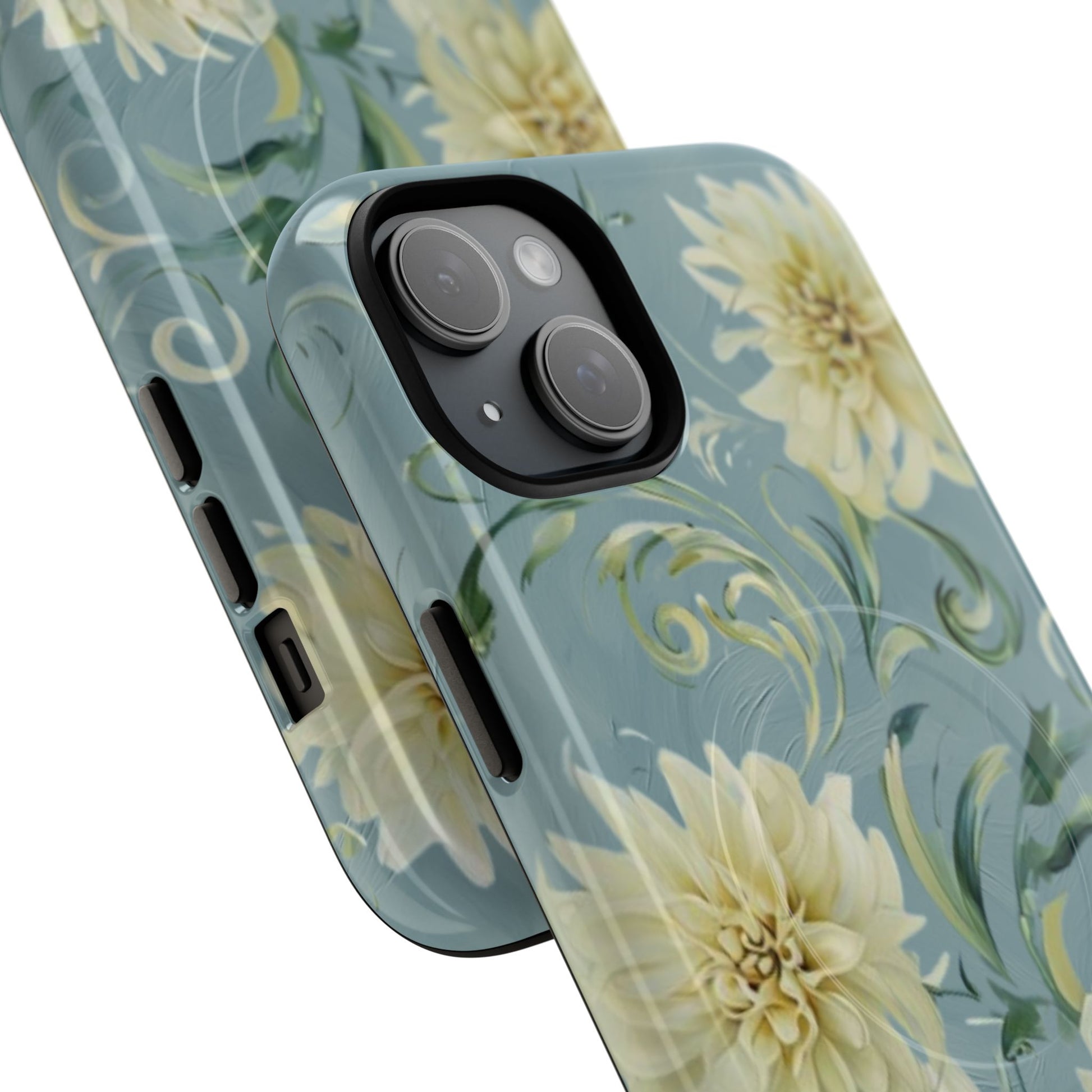 Golden Dahlia Trio - Elegant Floral iPhone 15 Plus MagSafe Phone Case - Artistic White & Blue Dahlia Design