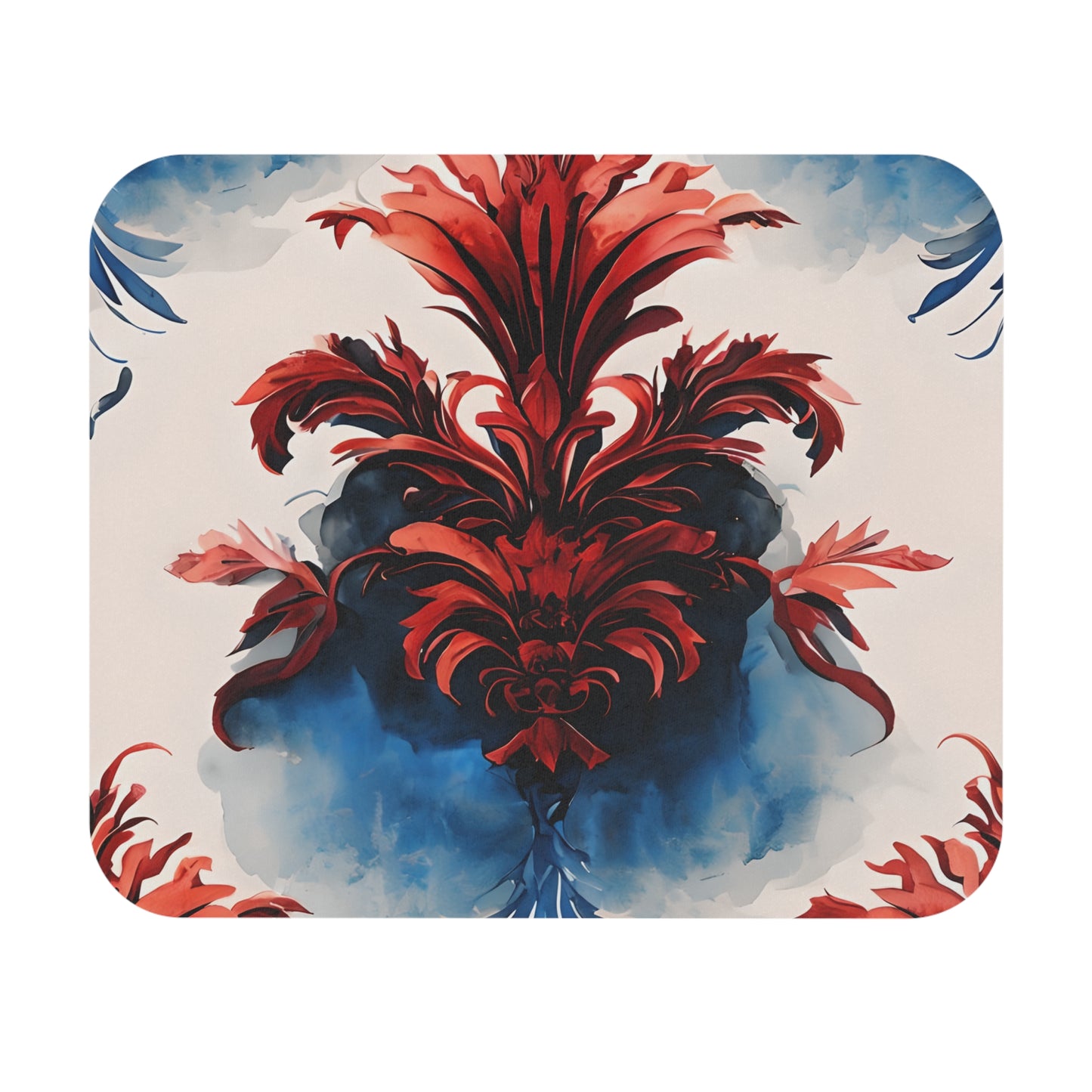 Crimson Plume mouse pad featuring bold red, white and blue abstract plume design