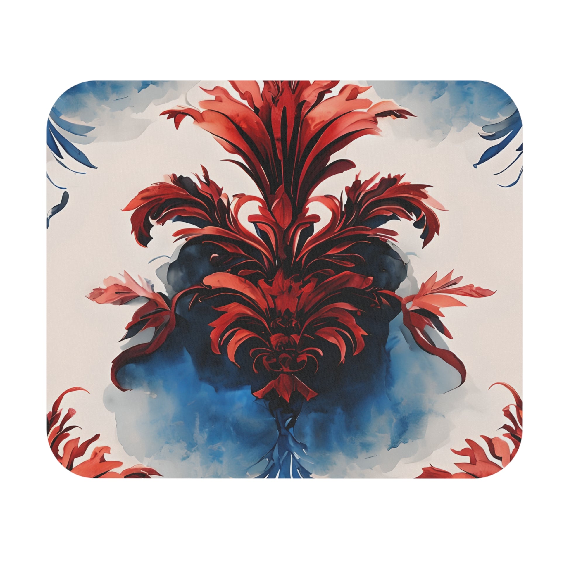 Crimson Plume mouse pad featuring bold red, white and blue abstract plume design