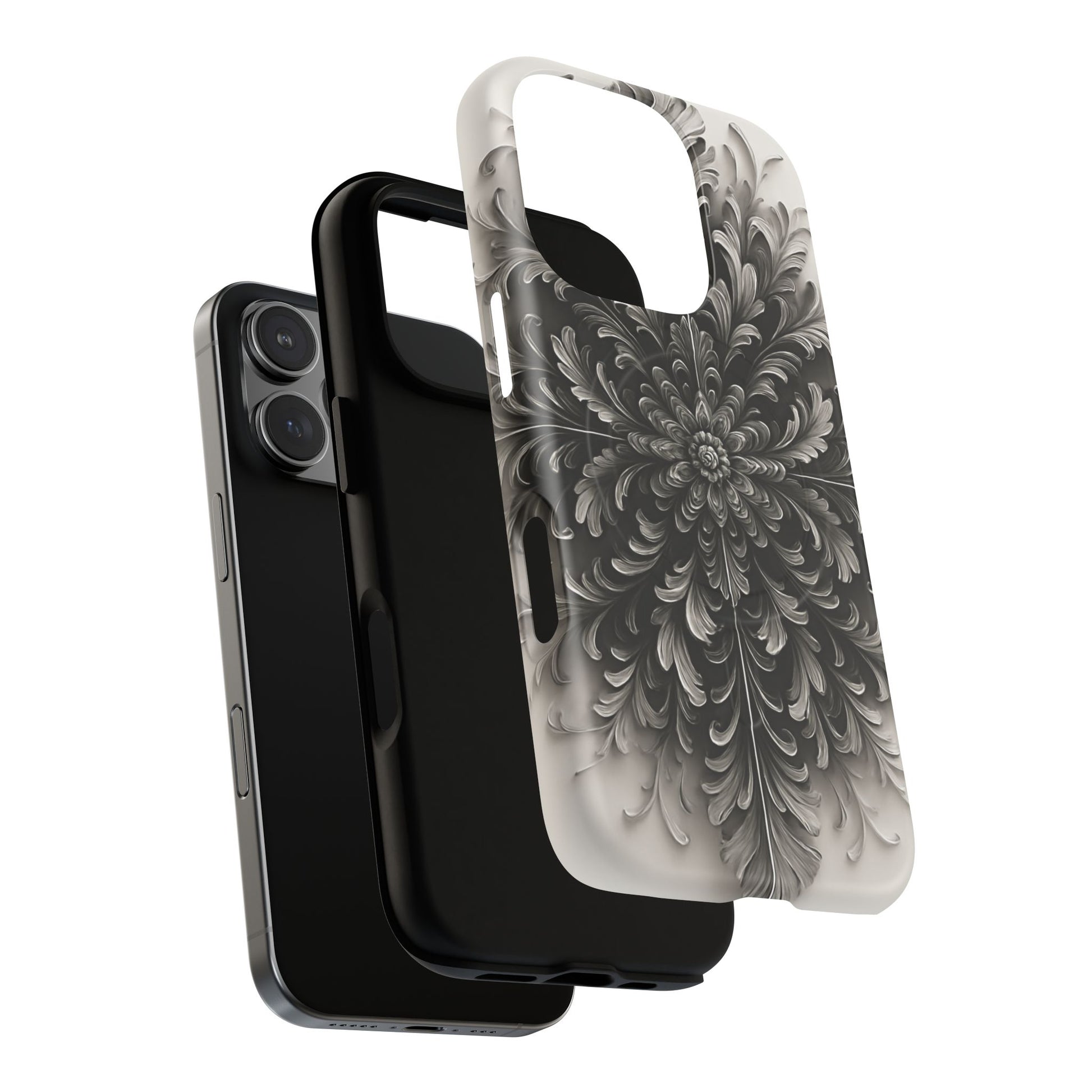 Obsidian Bloom - Elegant Black & White iPhone 16 Pro MagSafe Phone Case - Intricate Mandala Flower Design