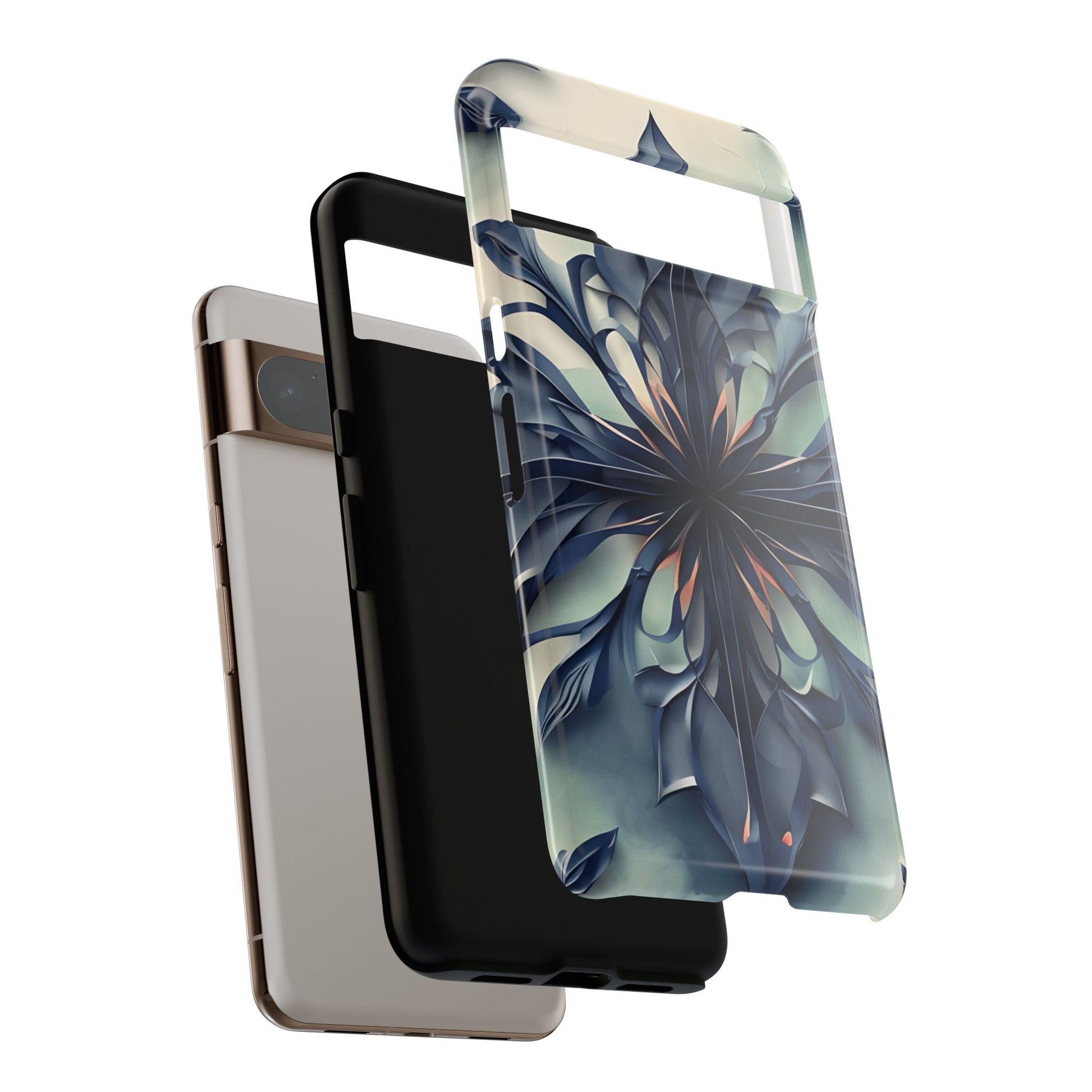 Frosted Indigo Bloom shockproof dual layer Google Pixel phone case with indigo floral design