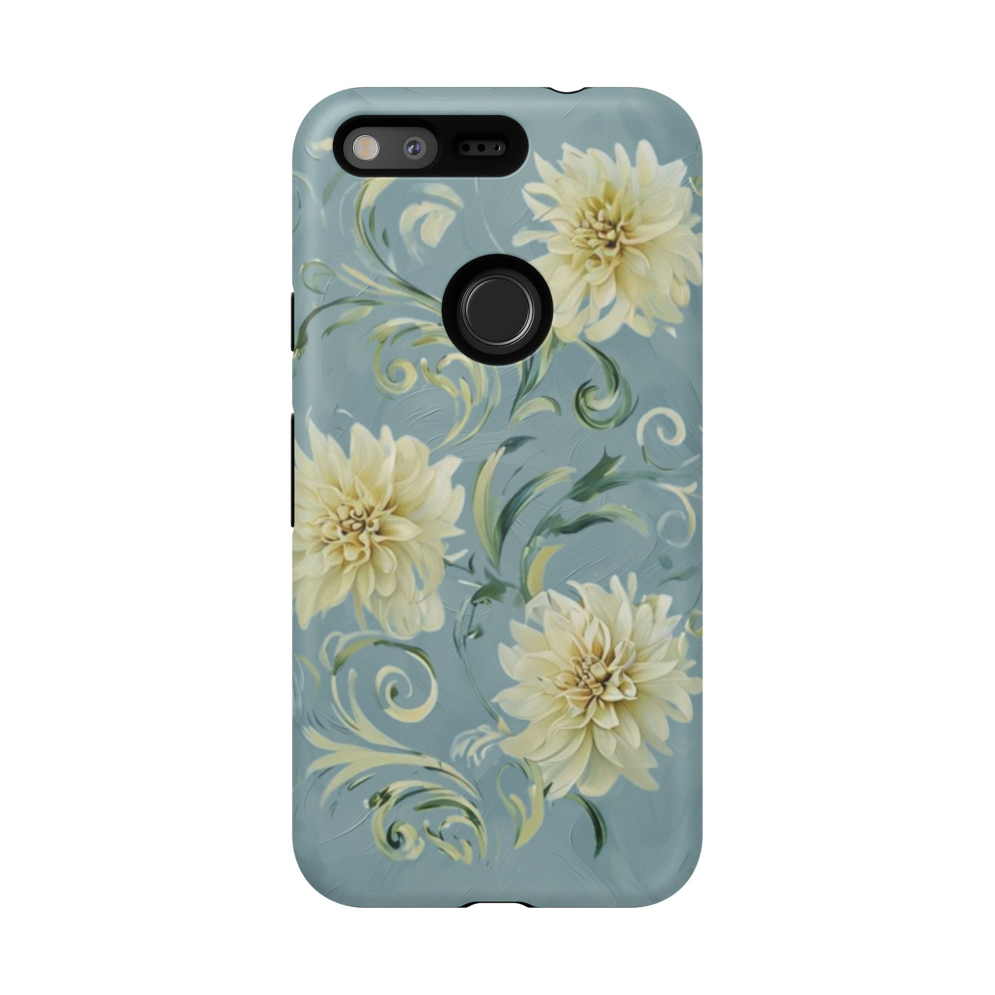 Golden Dahlia Trio - Elegant Floral Google Pixel Tough Phone Case - Artistic White & Blue Dahlia Design