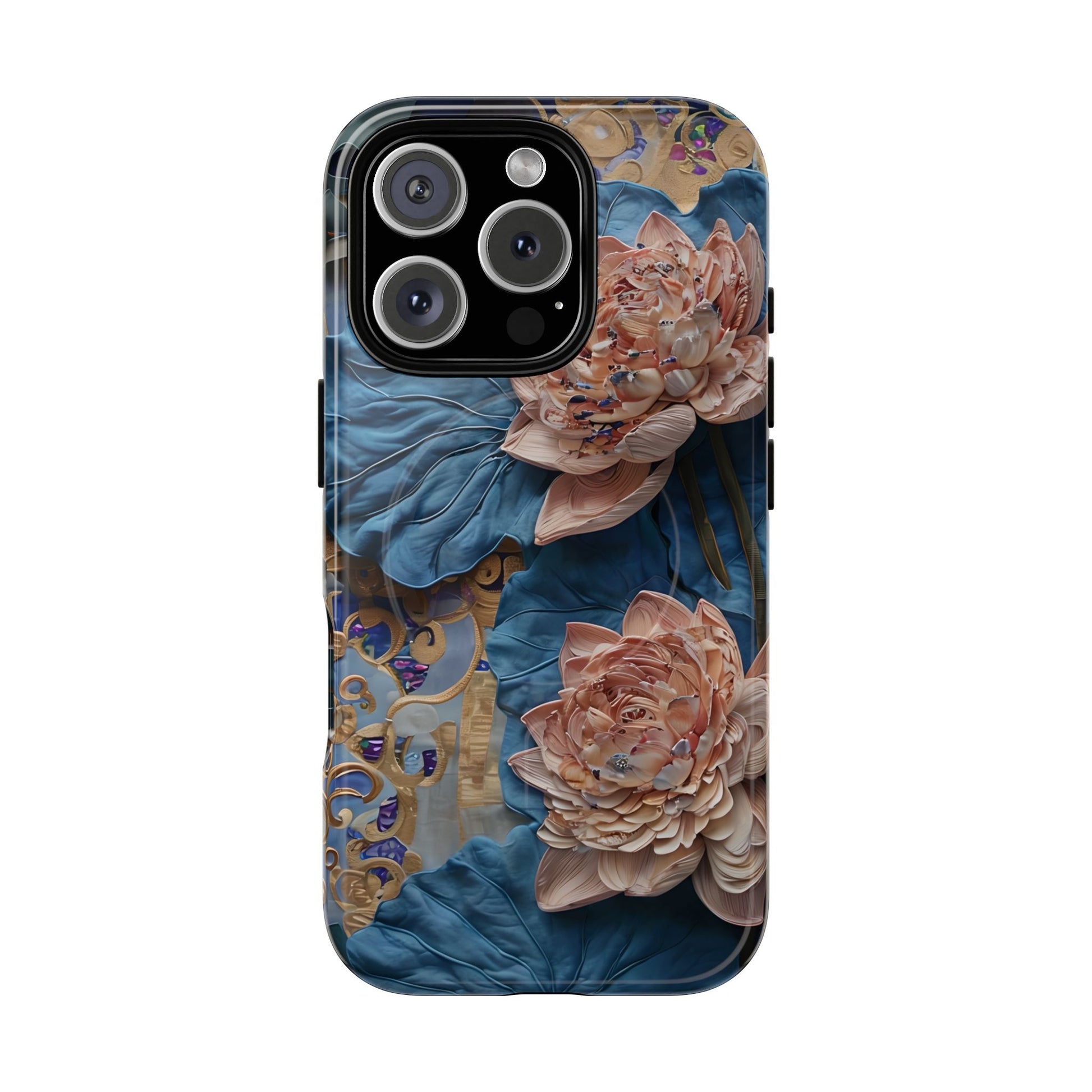 Peony Midnight Tapestry - iPhone 16 Pro - MagSafe Compatible - Elegant Blue & Blush Artful Phone Cover